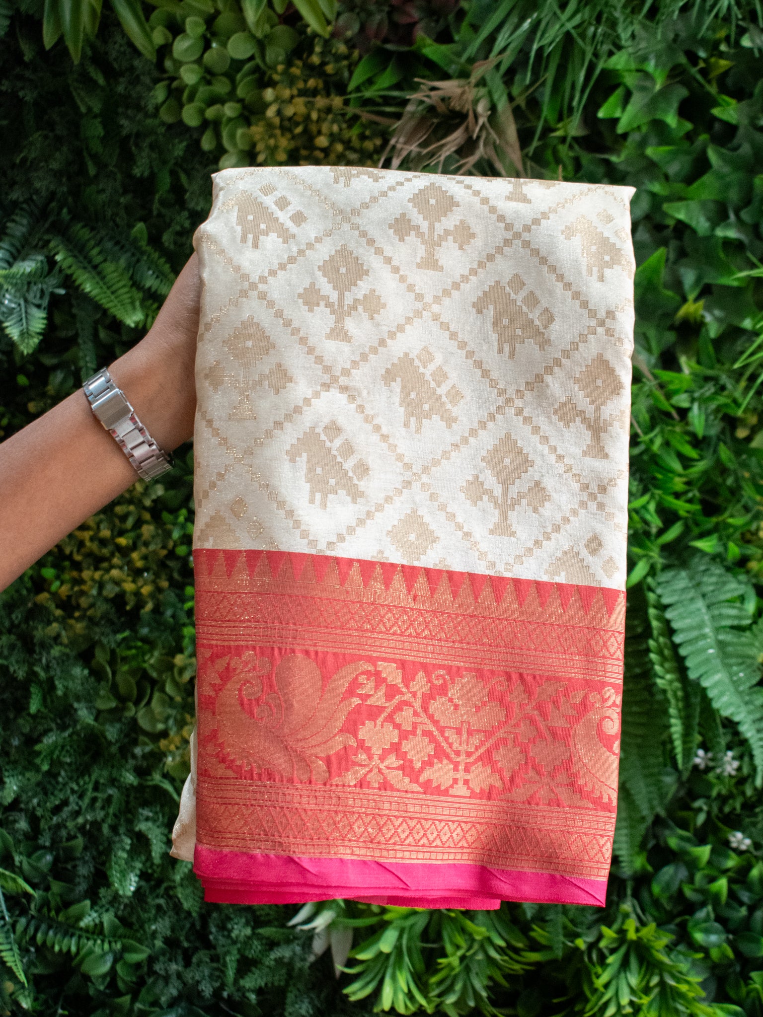 Banarasi Cotton Silk Saree With Contrast Border-Off White