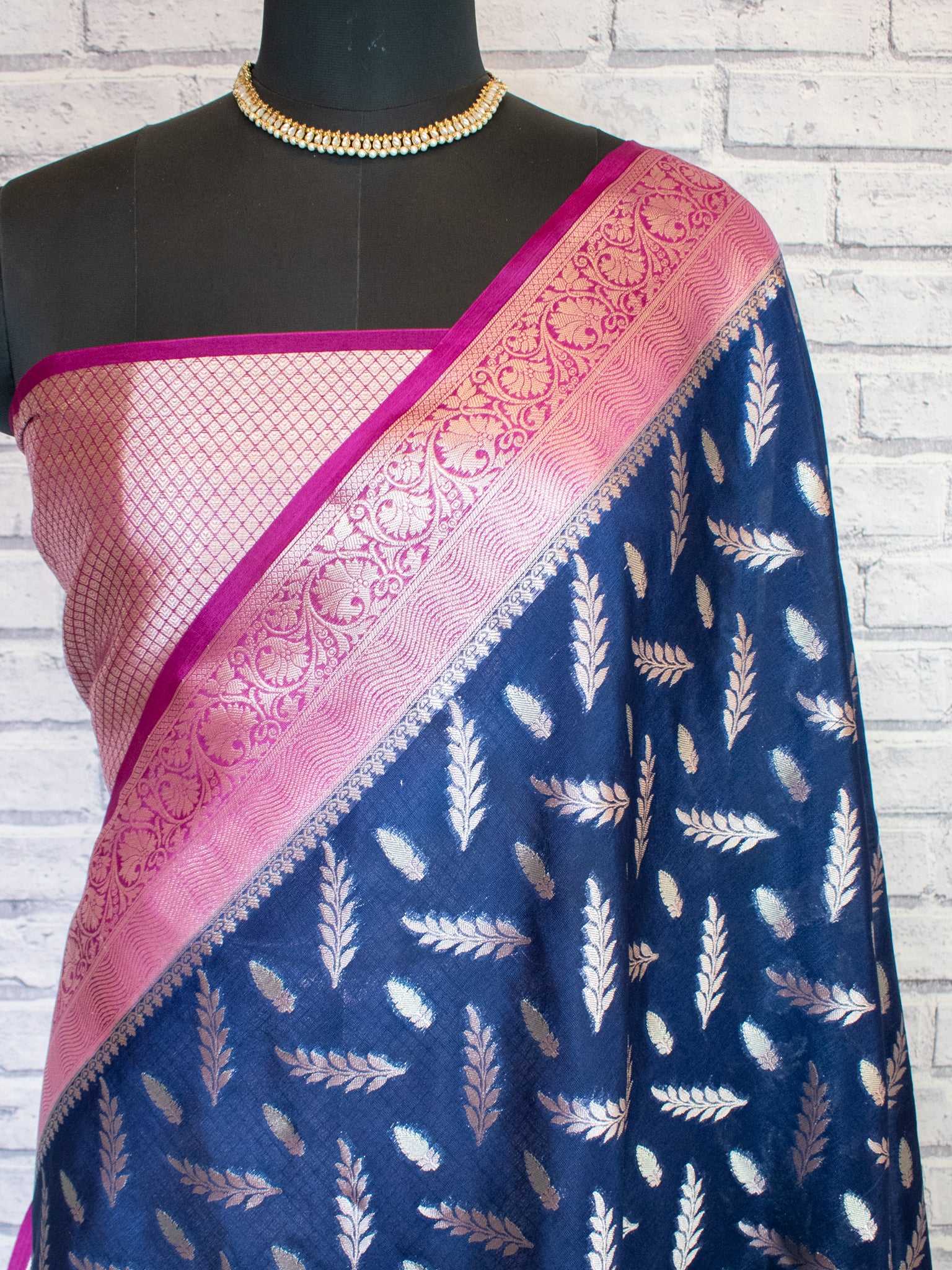 Banarasi Semi Silk Saree With Silver Zari Weaving & Contrast Border- Blue