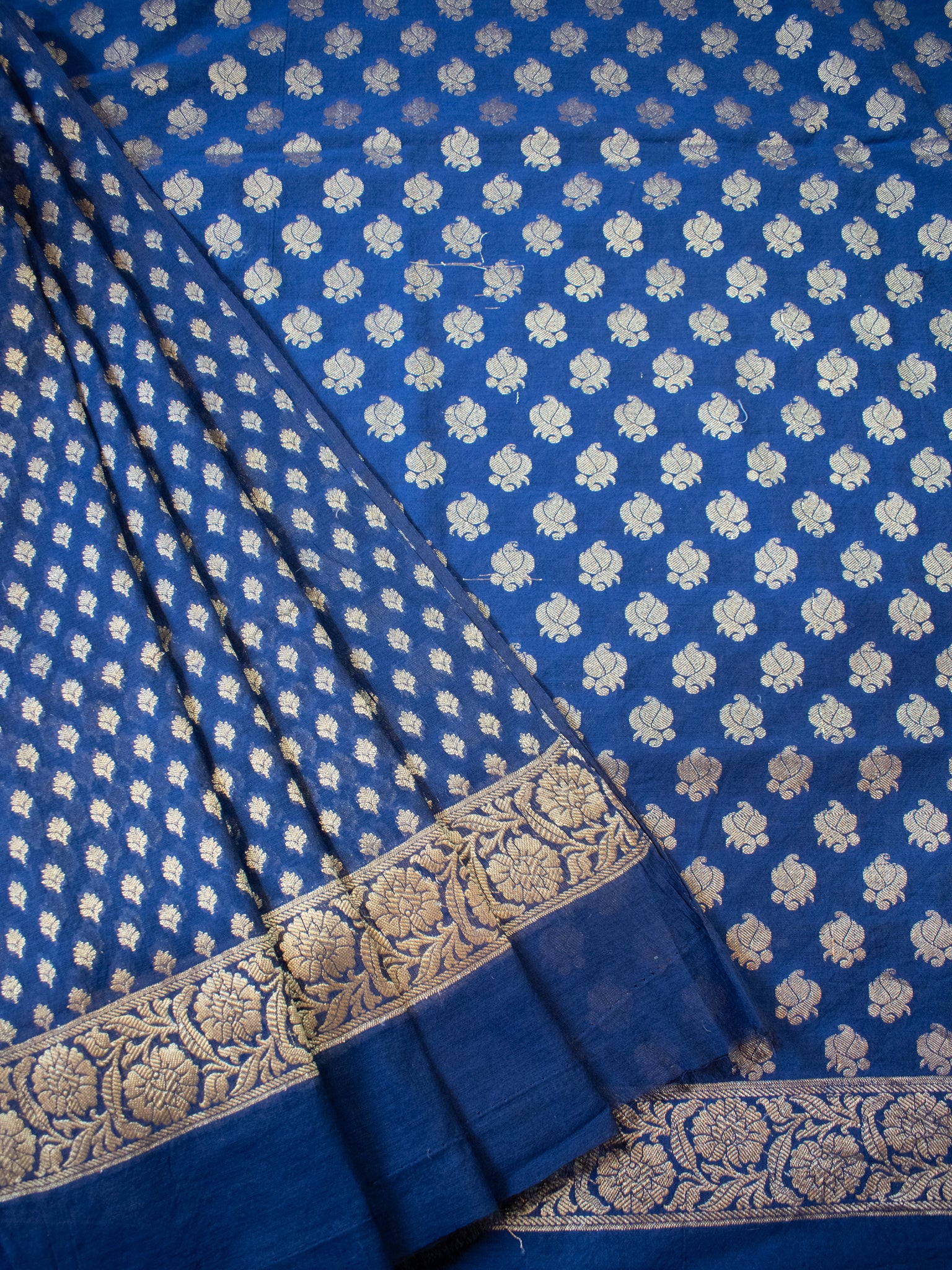 Banarasi Cotton Silk Salwar Kameez With Buti Weaving & Dupatta- Navy Blue