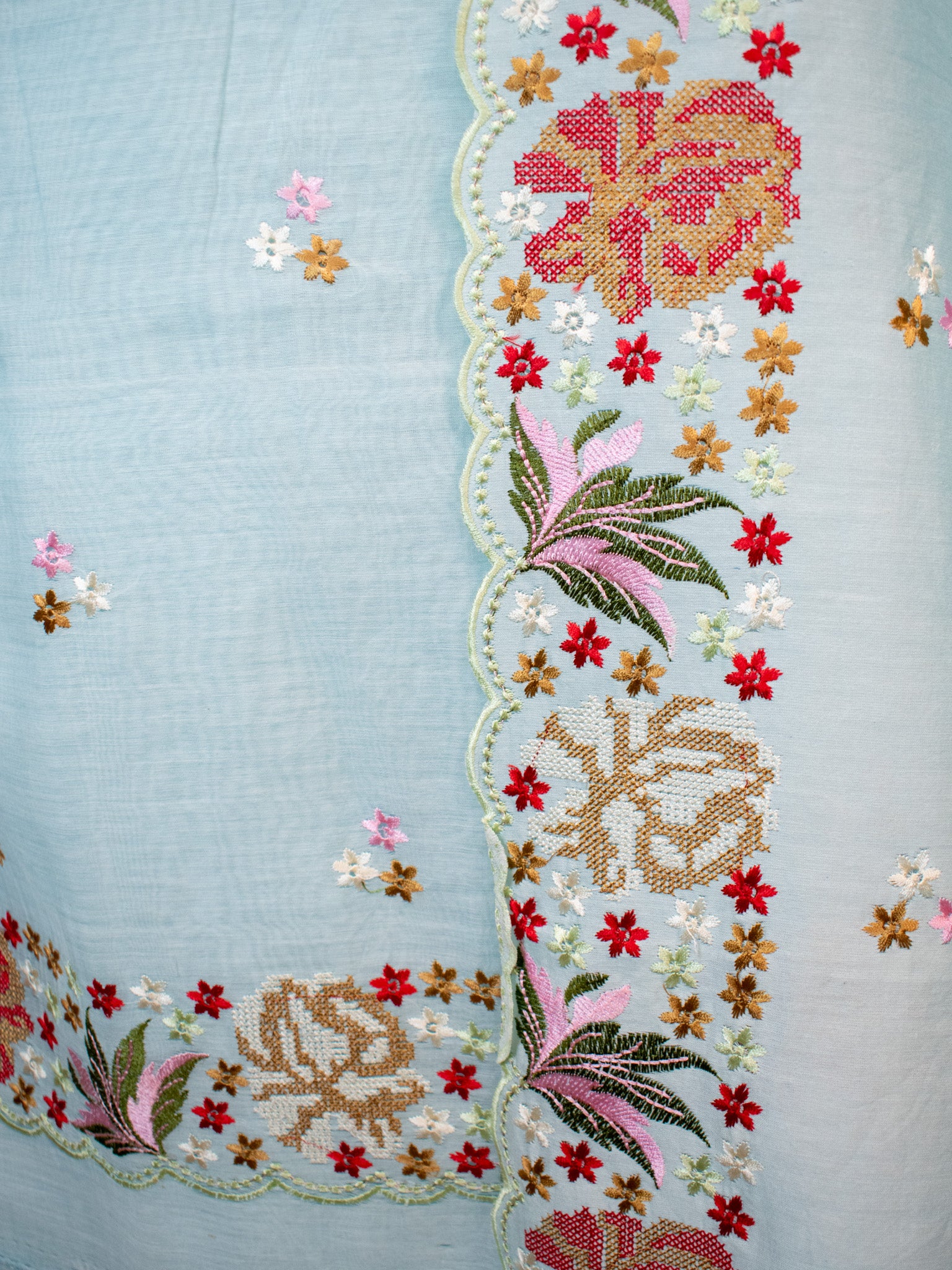 Banarasi Soft Cotton Embroidered Salwar Kameez Fabric With Dupatta- Blue