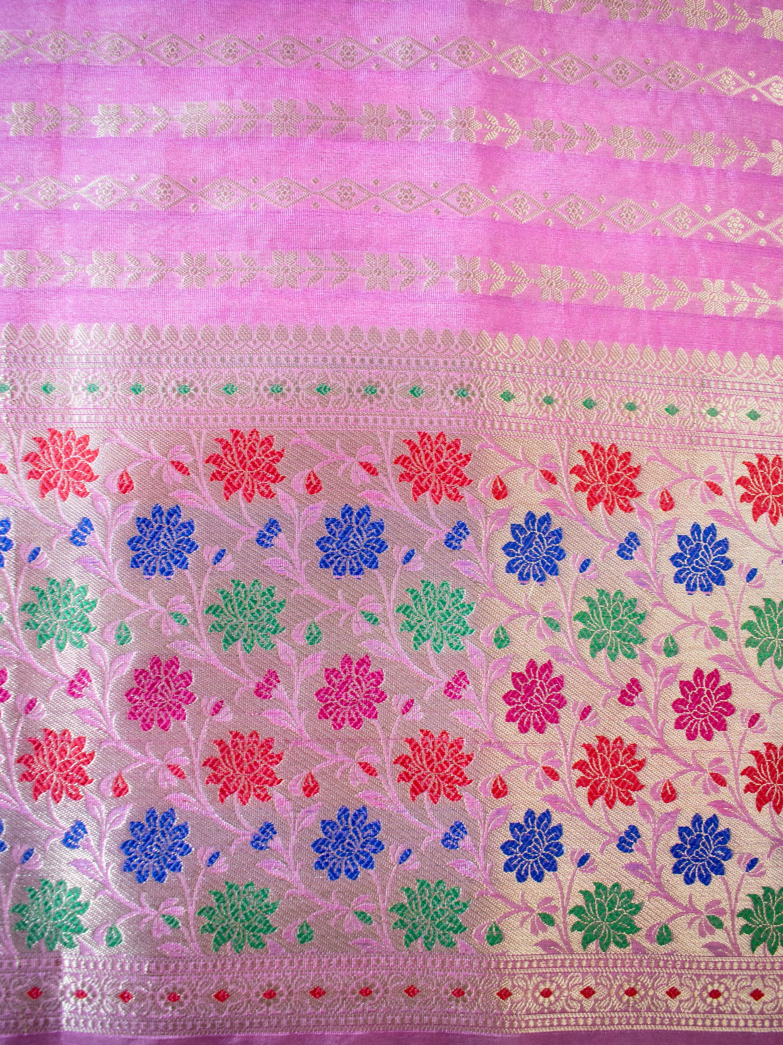 Banarasi Kora Saree With Zari Weaving & Meena Border-Pink