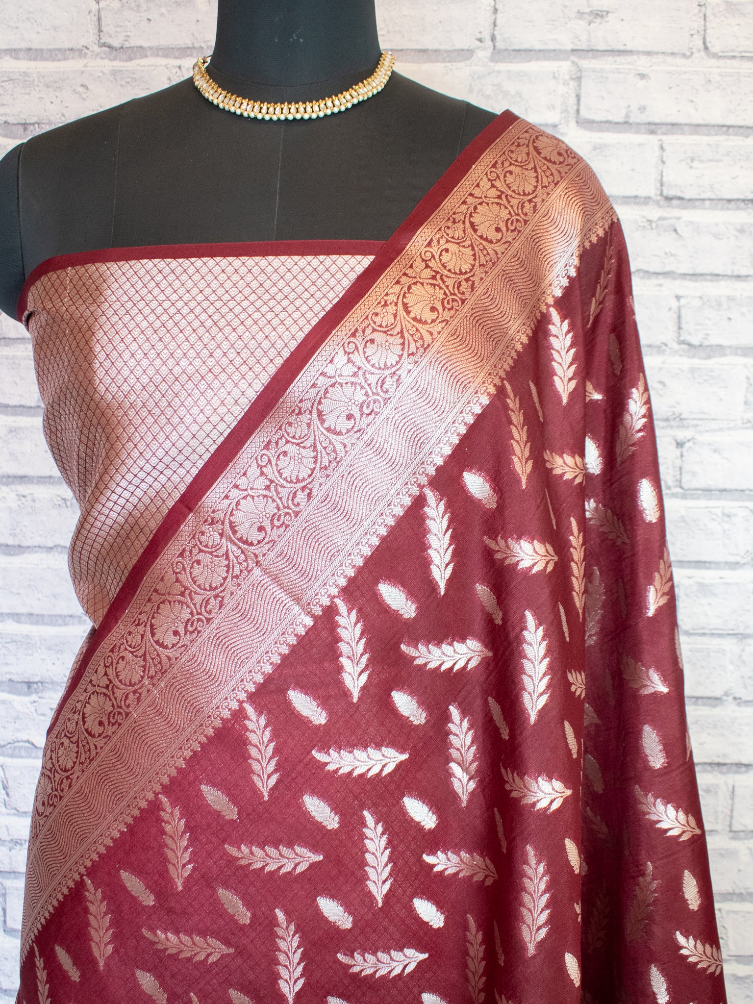 Banarasi Semi Silk Saree With Silver Zari Weaving & Border- Maroon
