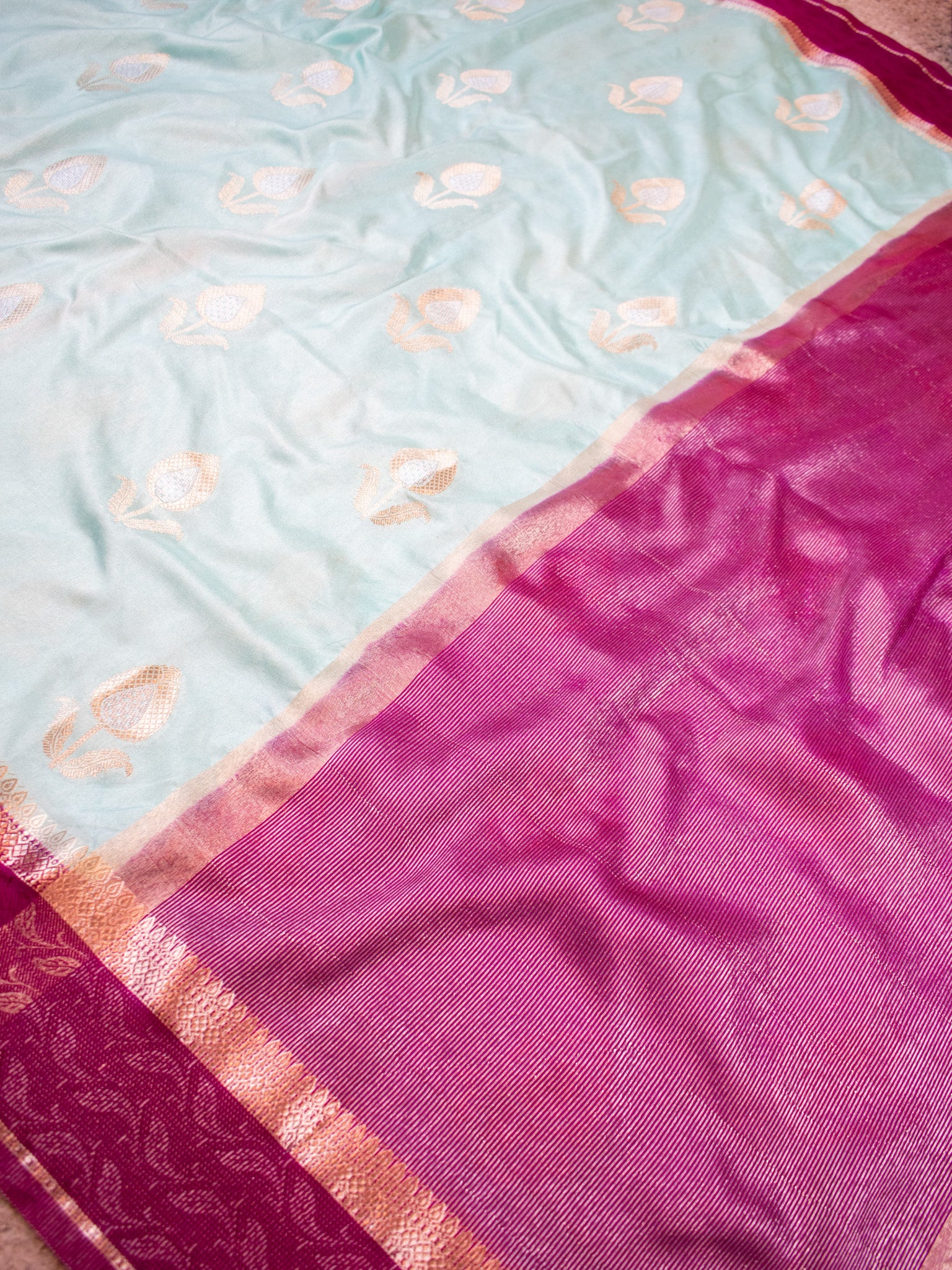 Banarasi Semi Silk Saree With Floral Zari Weaving & Contrast Border - Aqua Blue