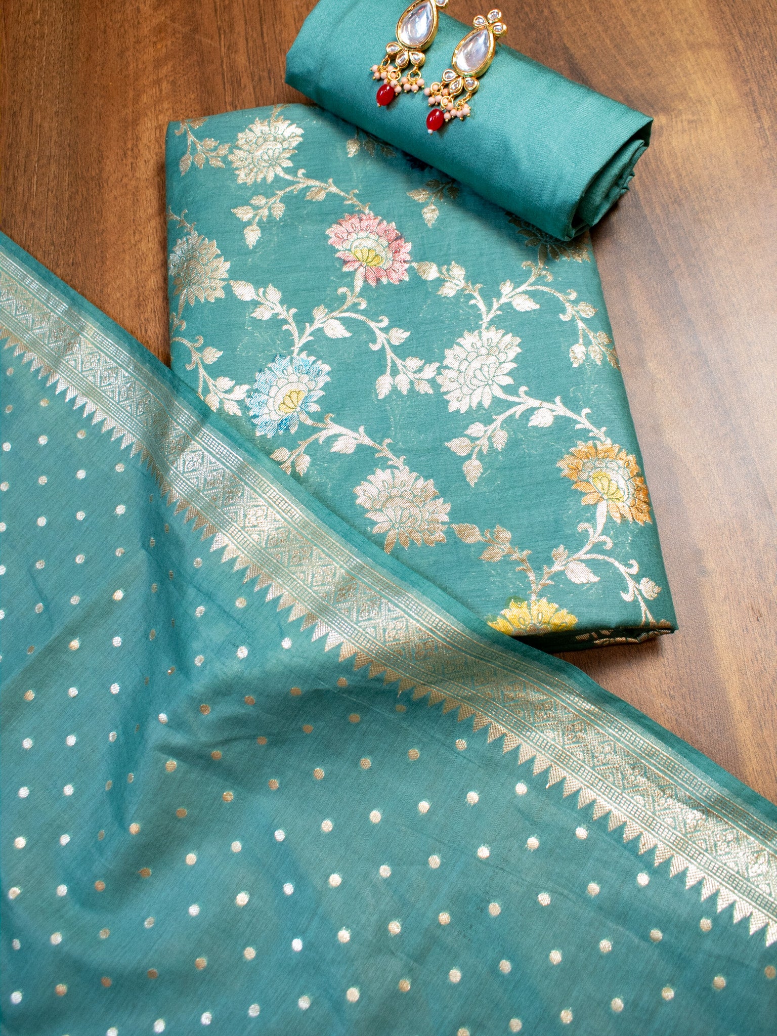 Banarasi Cotton Silk Salwar Kameez Material With Silver Zari Jaal Weaving & Dupatta-Blue