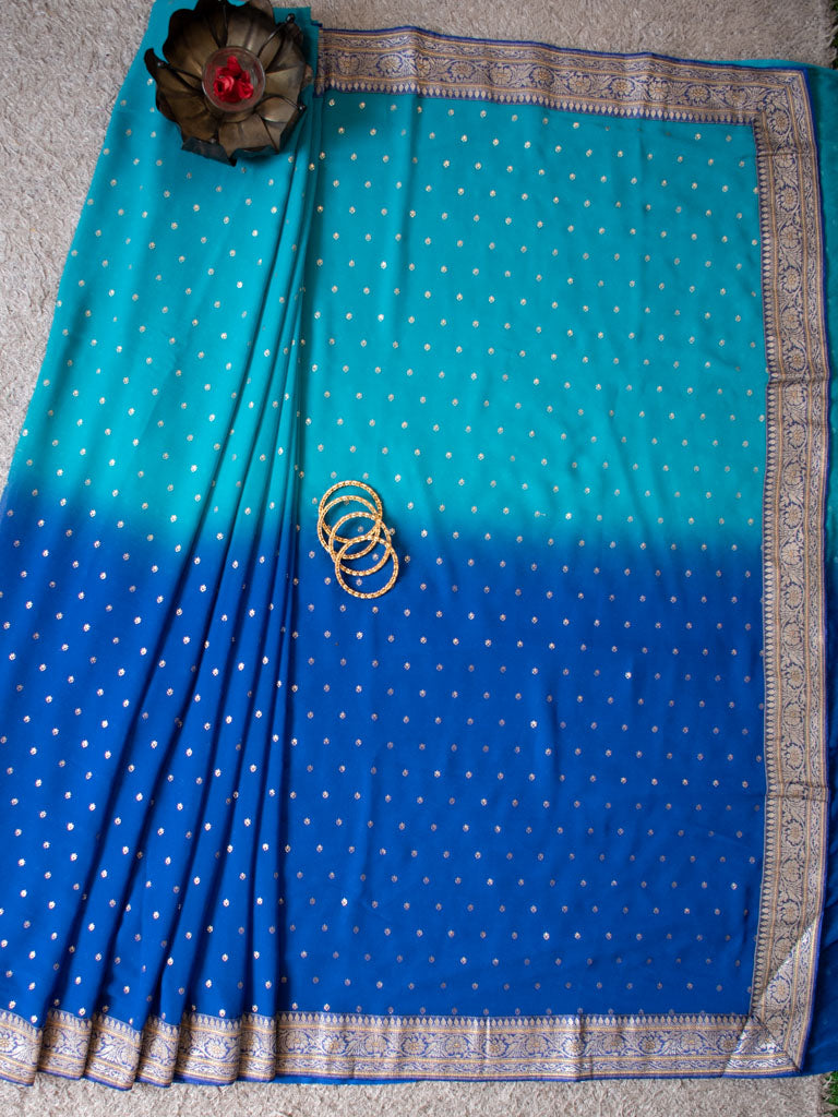 Dual Shade Semi Chiffon Gold Printed Saree With Zari Border-Blue
