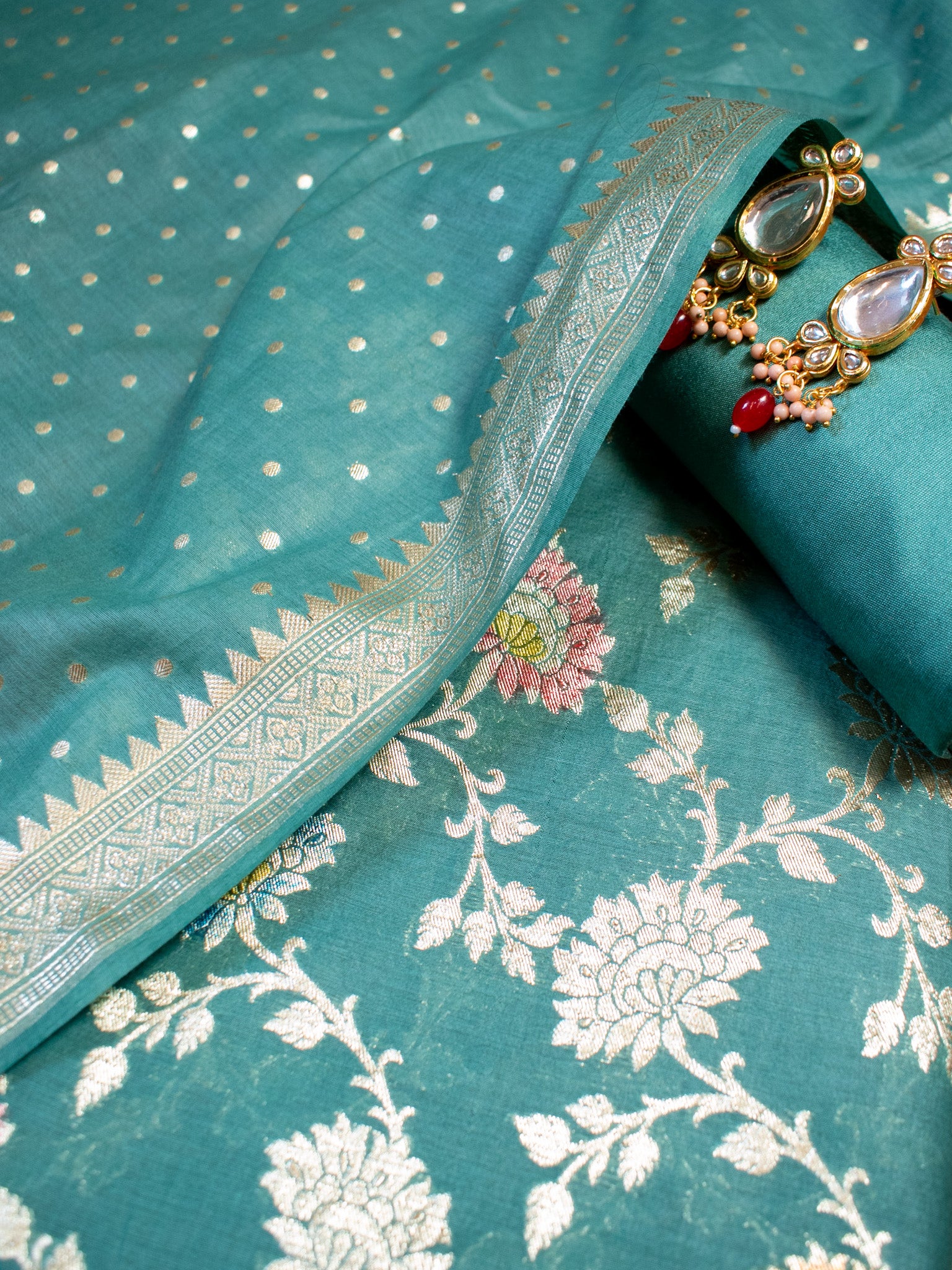 Banarasi Cotton Silk Salwar Kameez Material With Silver Zari Jaal Weaving & Dupatta-Blue