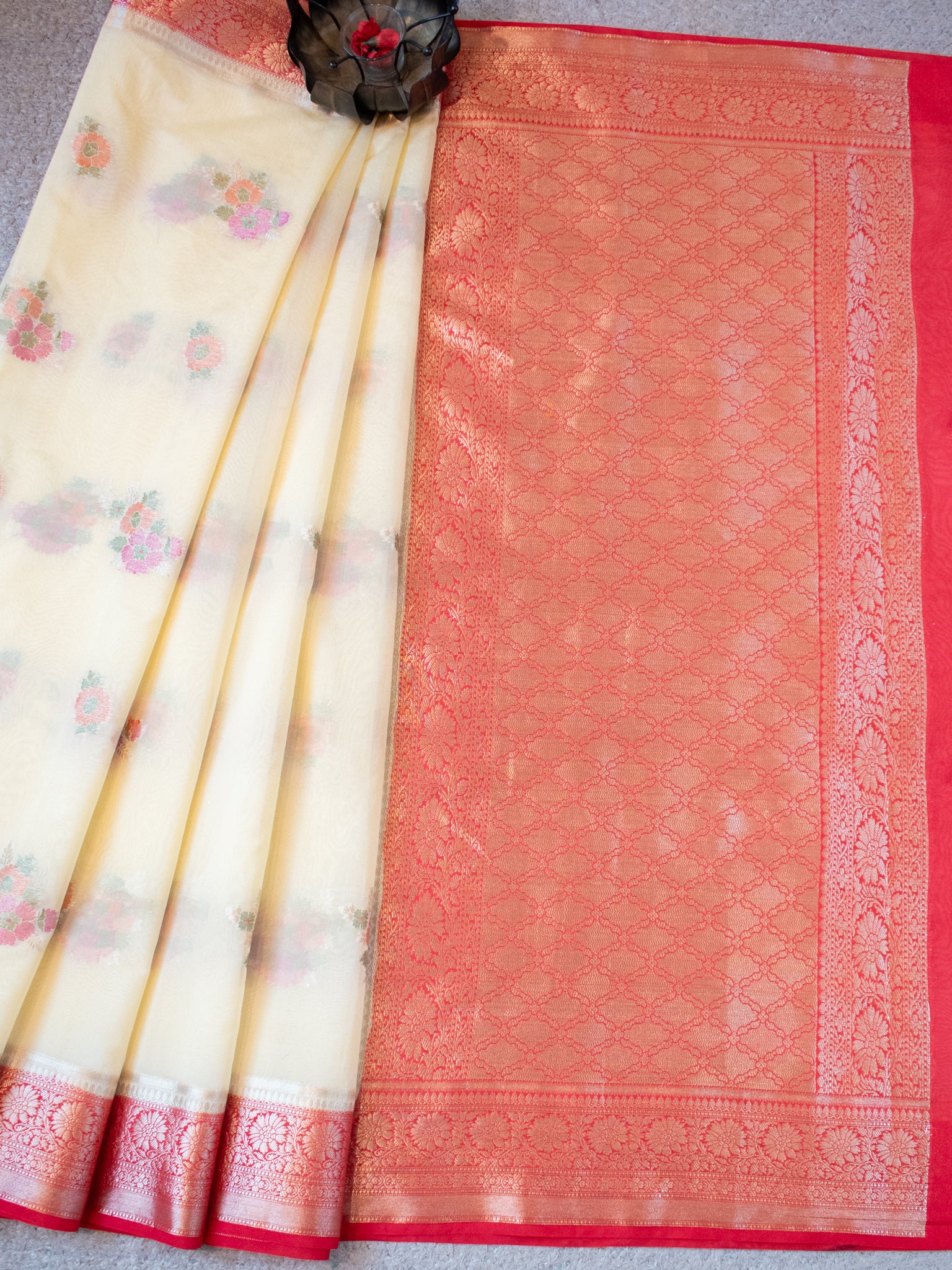 Banarasi Semi Georgette Saree With Weaving & Border - Red & Cream