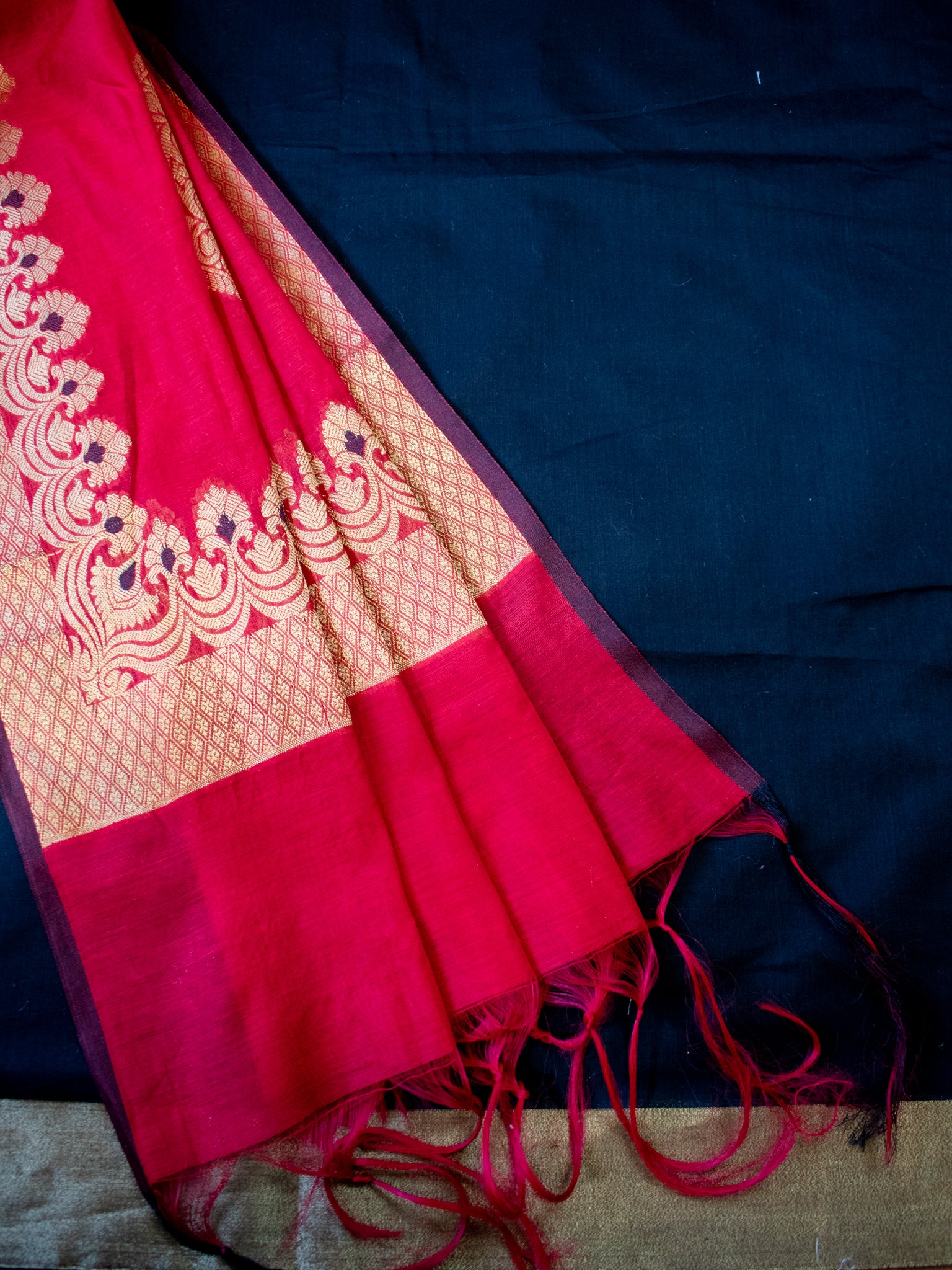 Banarasi Cotton Silk Salwar Kameez With Zari Weaving & Dupatta- Black & Red