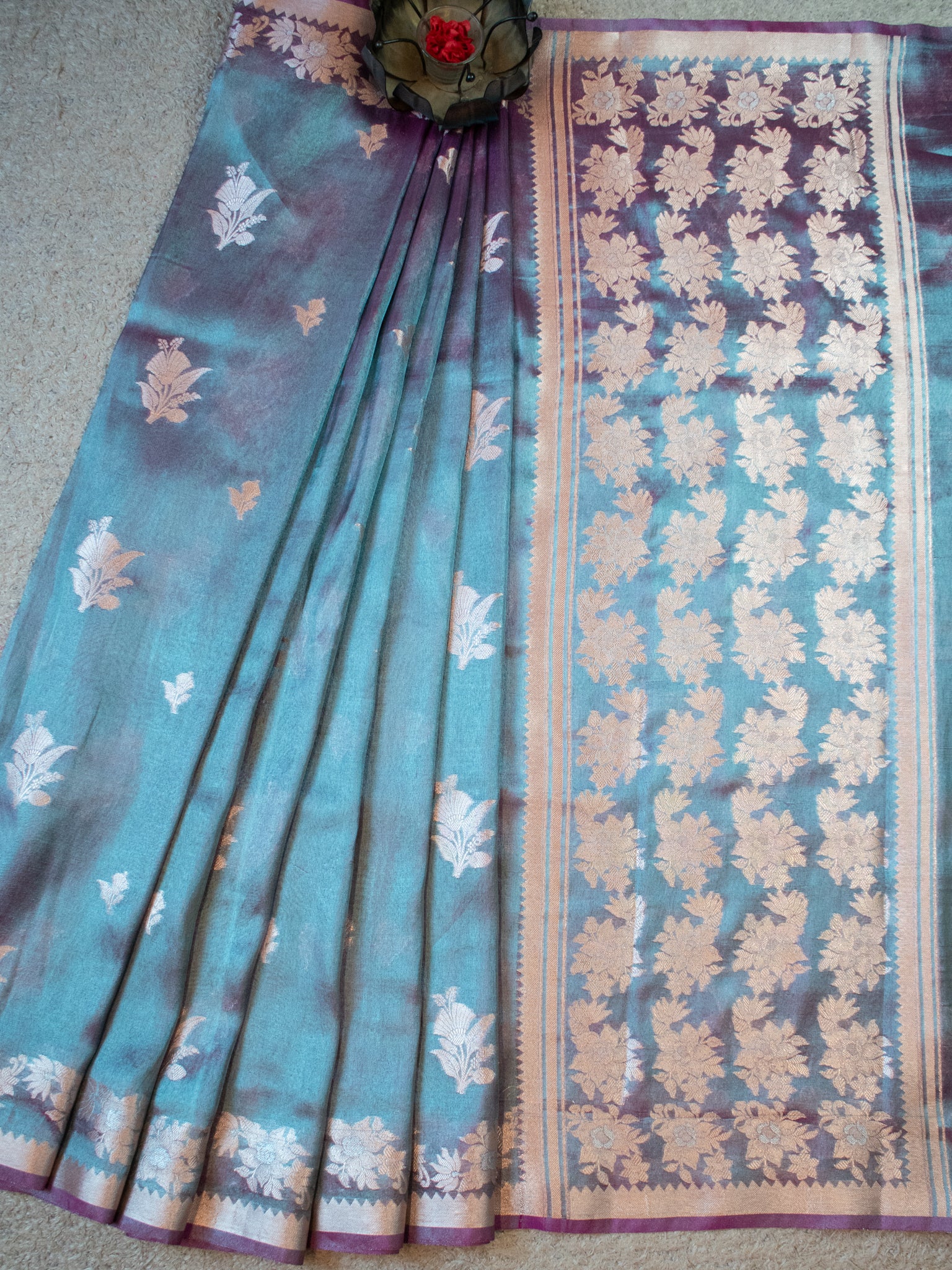 Banarasi Dual Tone Tissue Saree With Border - Teal Blue