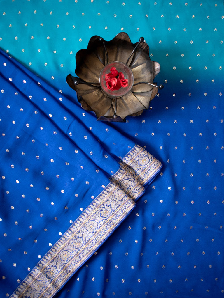 Dual Shade Semi Chiffon Gold Printed Saree With Zari Border-Blue