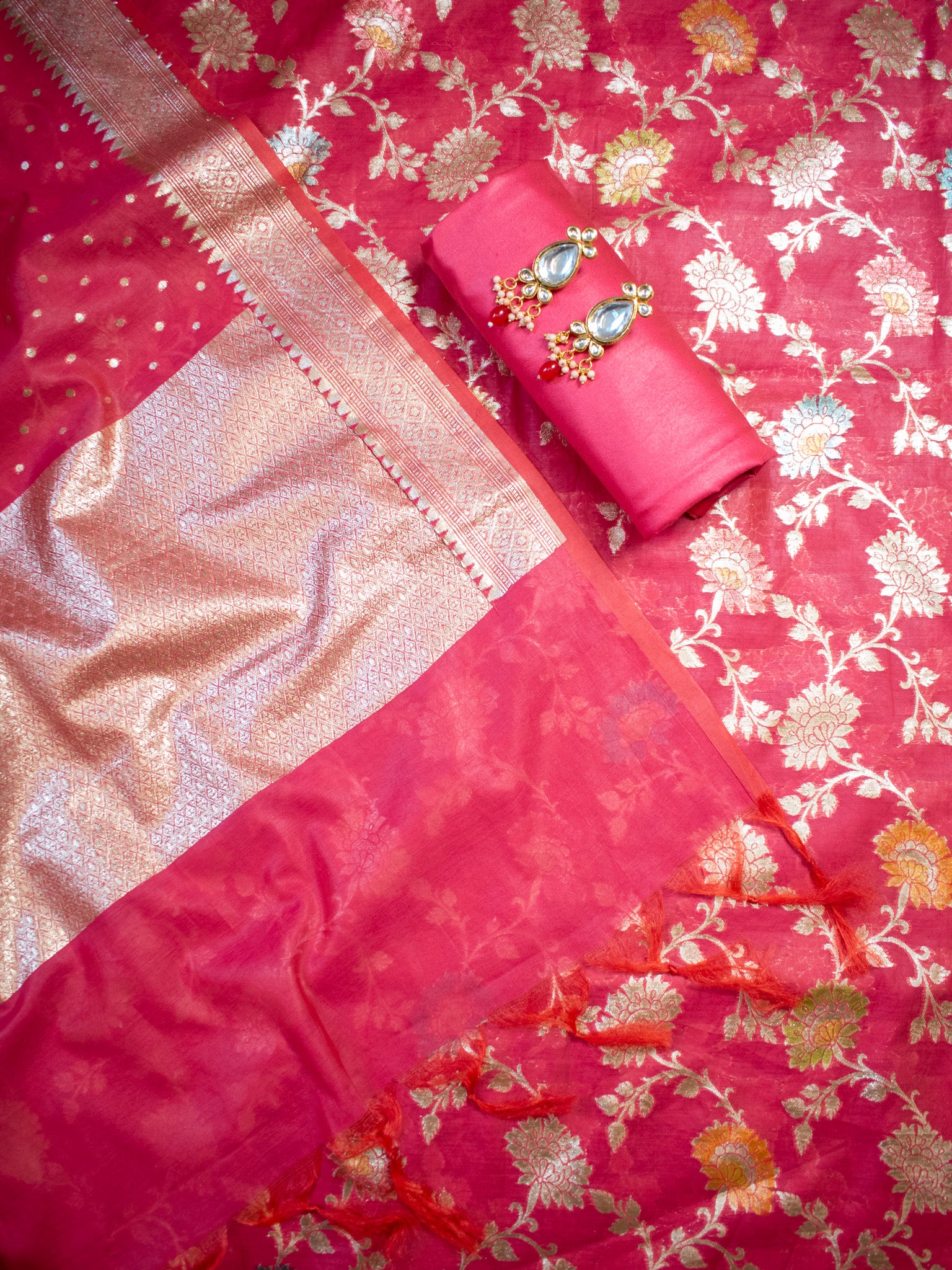 Banarasi Cotton Silk Salwar Kameez Material With Silver Zari Jaal Weaving & Dupatta-Pink