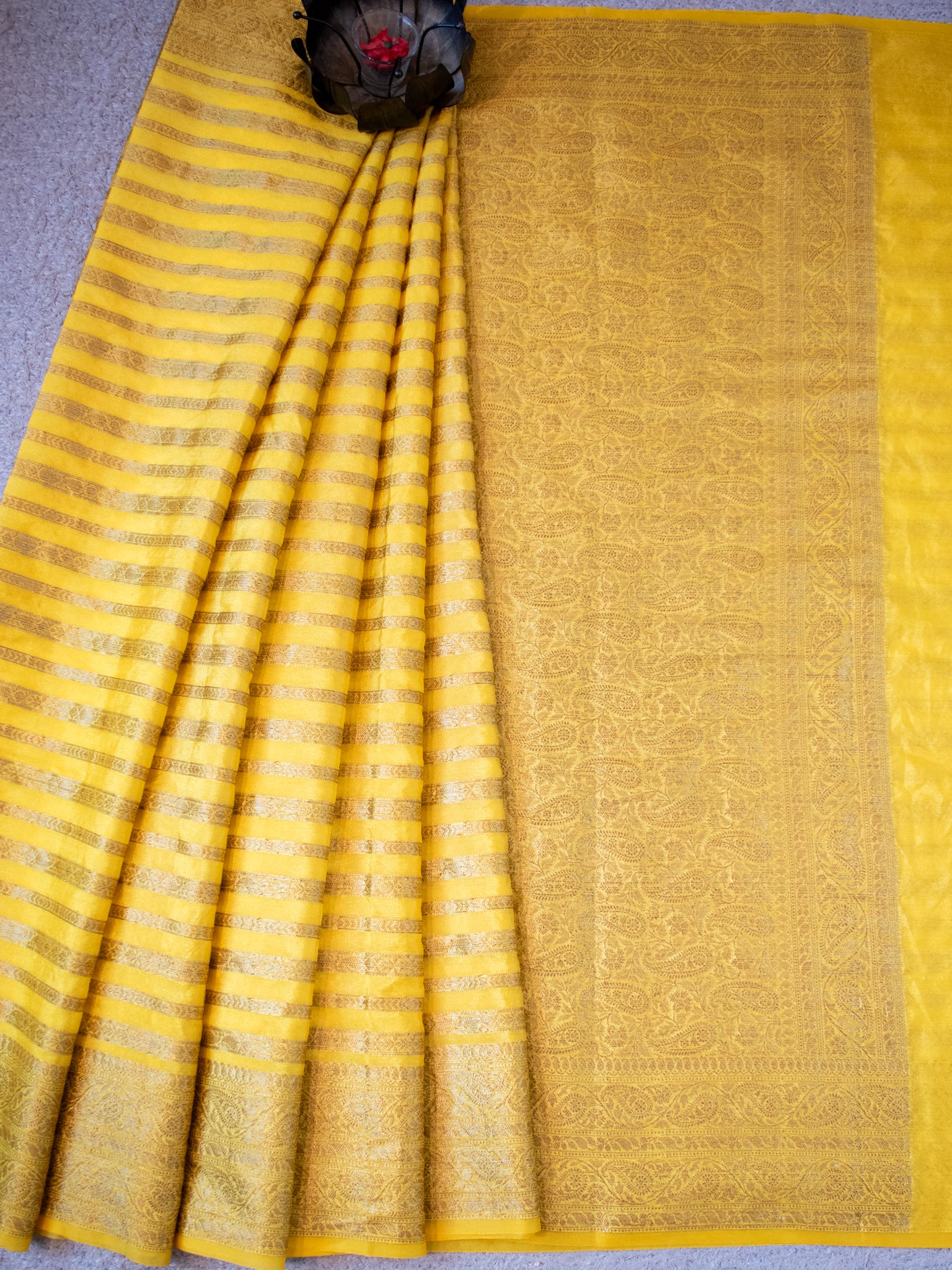 Banarasi Semi Cotton Saree Antique Weaving & Border-Yellow