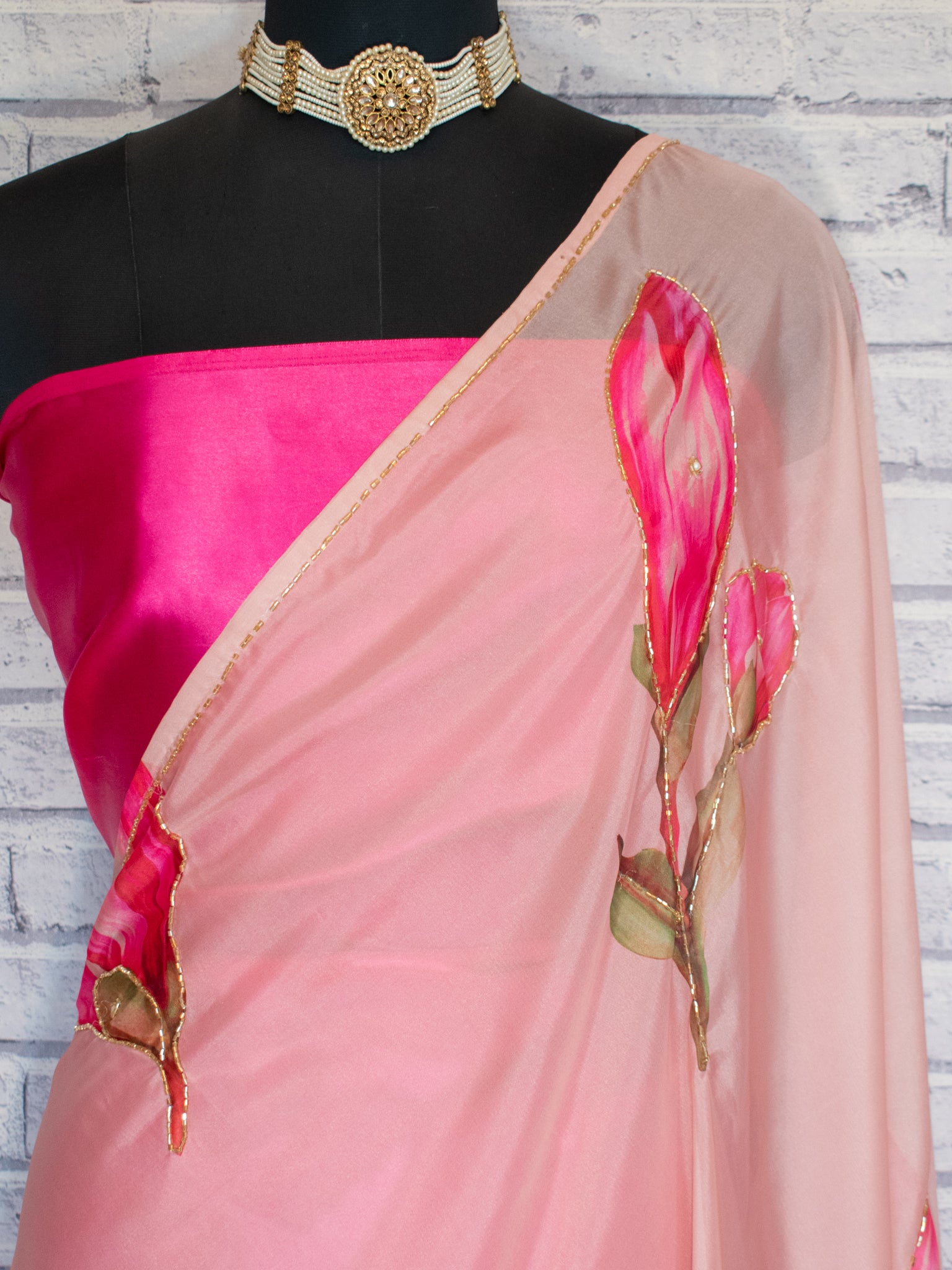 Semi Satin Floral Saree - Pink
