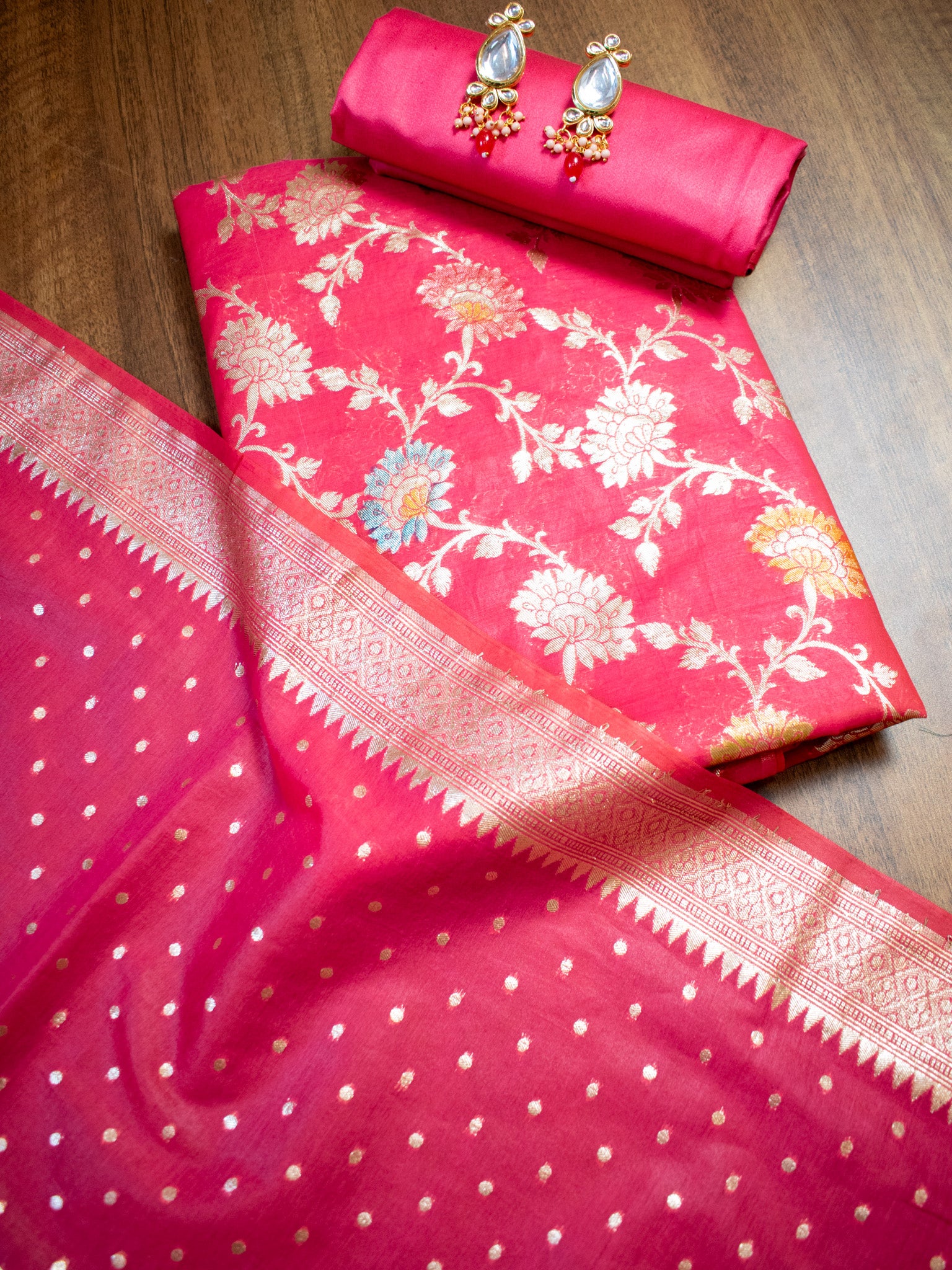 Banarasi Cotton Silk Salwar Kameez Material With Silver Zari Jaal Weaving & Dupatta-Pink