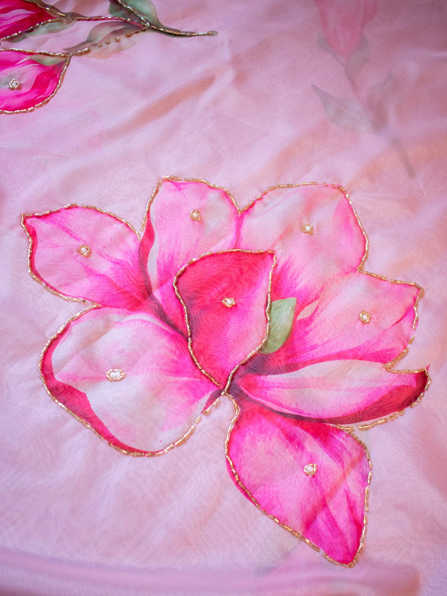 Semi Satin Floral Saree - Pink