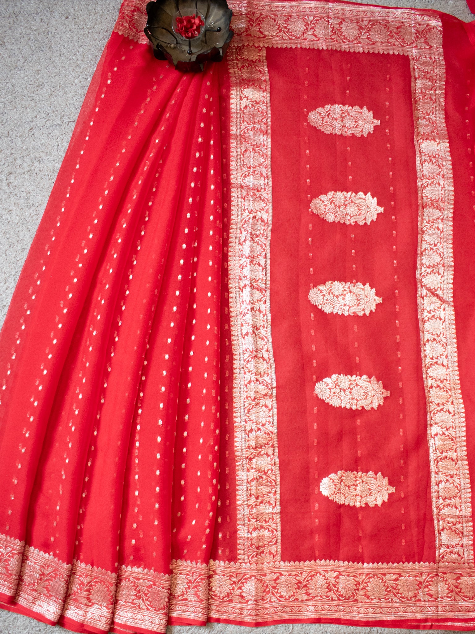 Banarasi Pure Khaddi Georgette Saree With Buti Weaving- Red