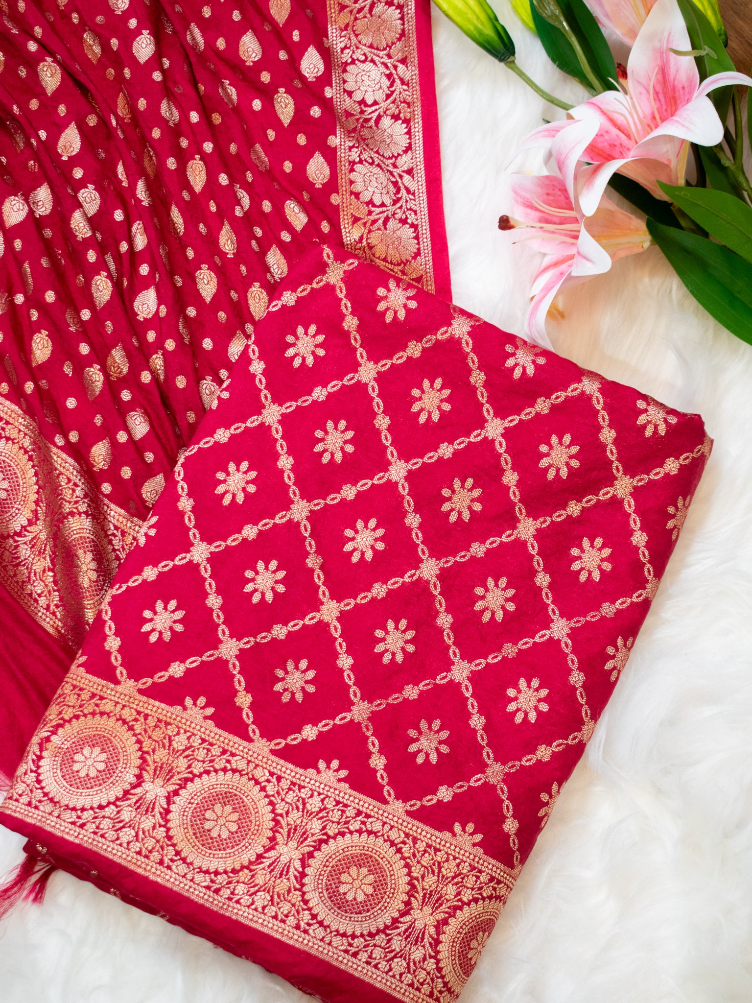 Banarasi Semi Katan Salwar Kameez Fabric With Dupatta- Red