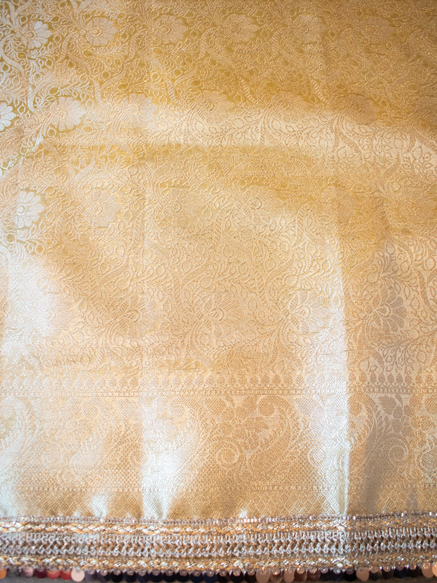 Banarasi Tissue Saree With Mirror Work & Lace Border- Yellow