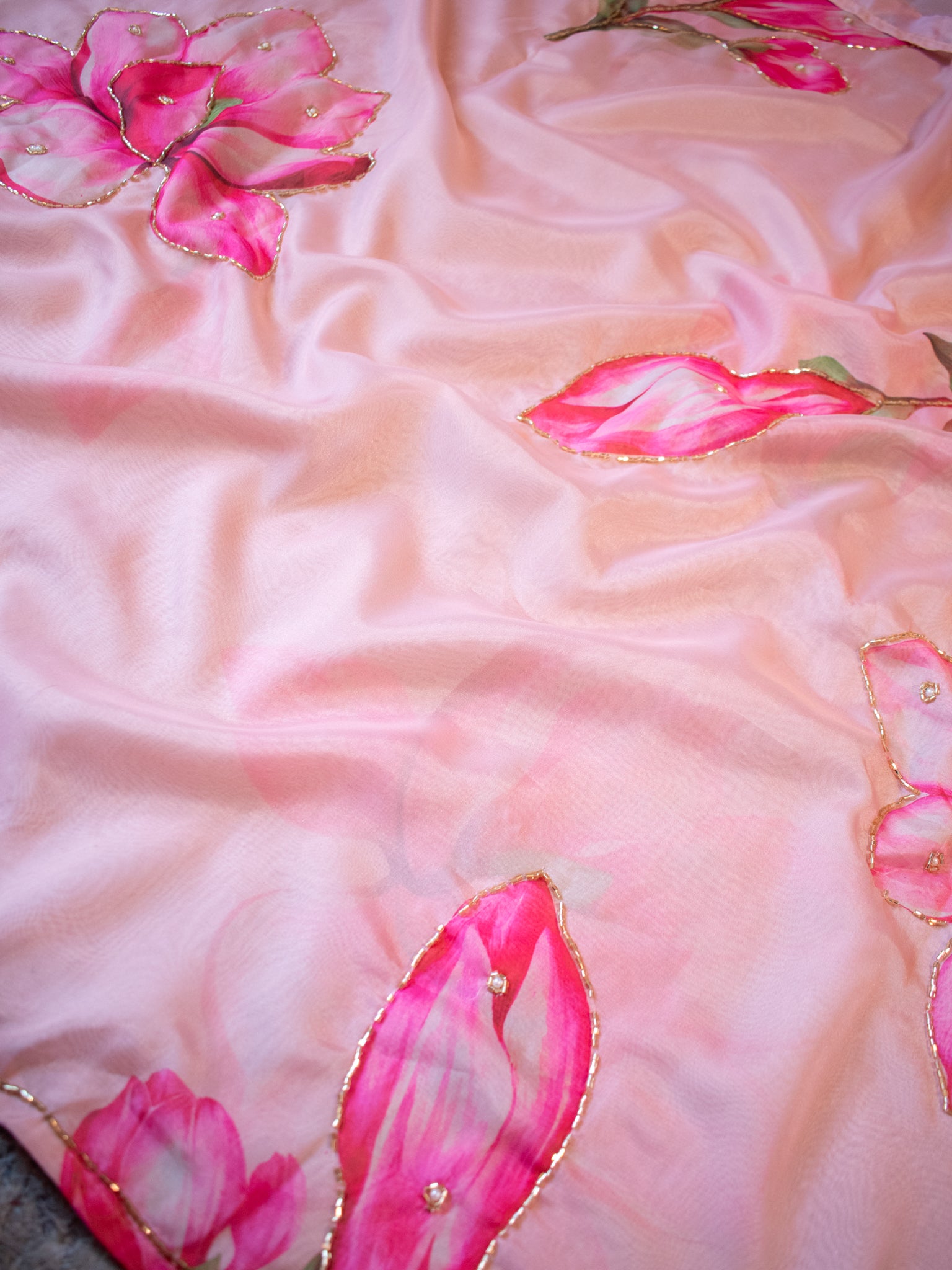 Semi Satin Floral Saree - Pink