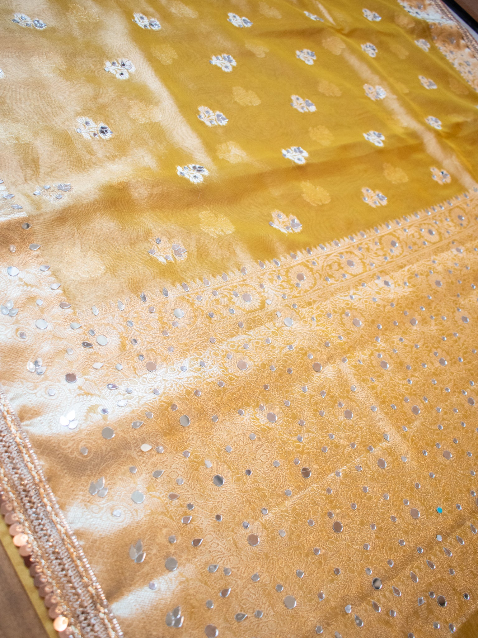 Banarasi Tissue Saree With Mirror Work & Lace Border- Yellow