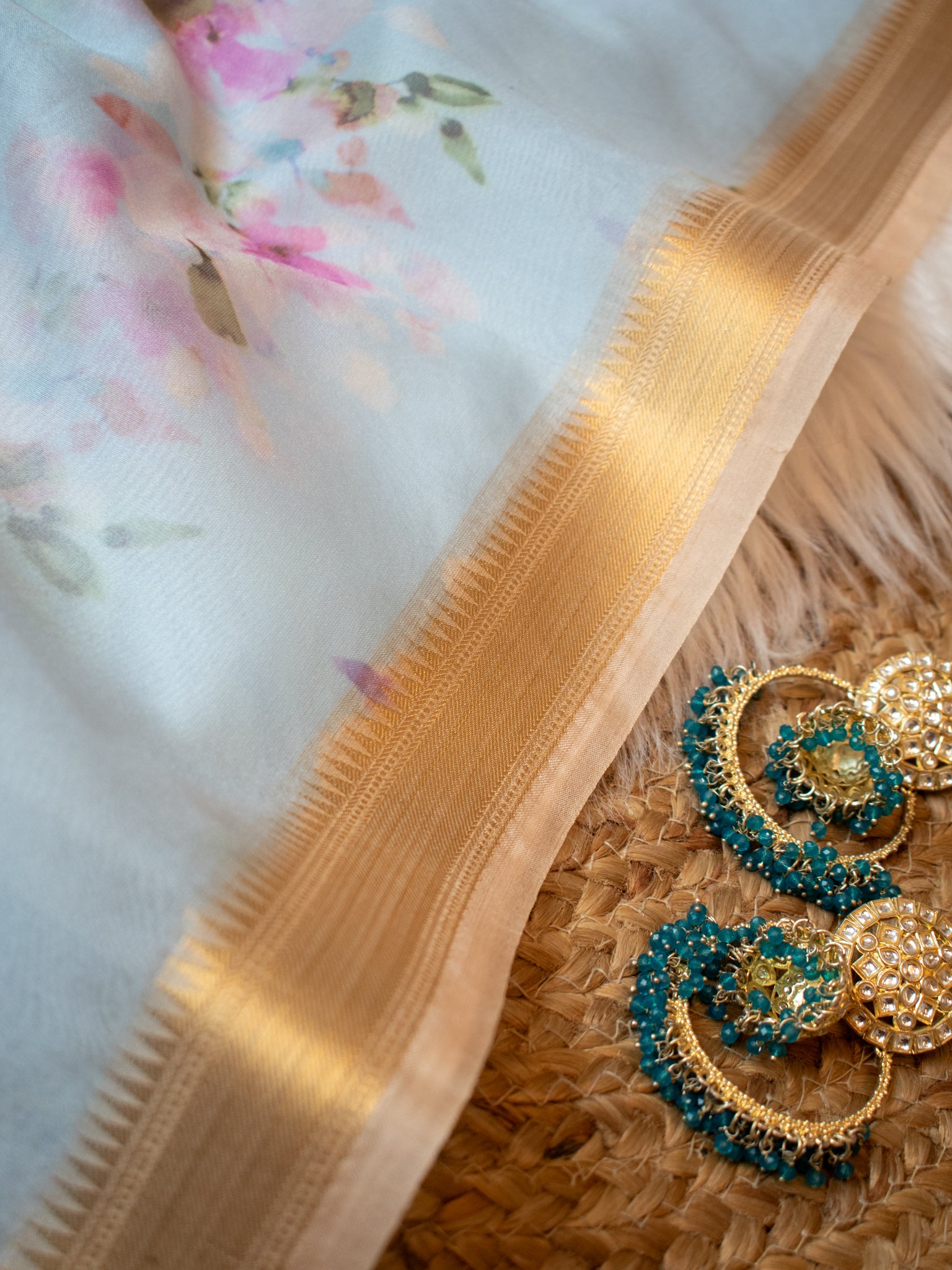 Banarasi Printed Organza Dupatta- Blue