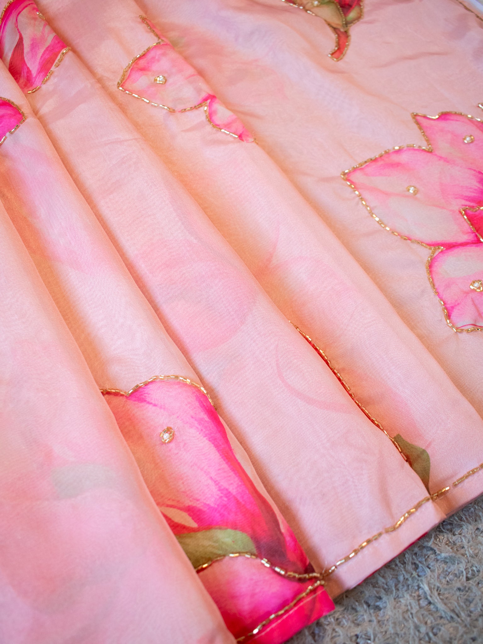 Semi Satin Floral Saree - Pink