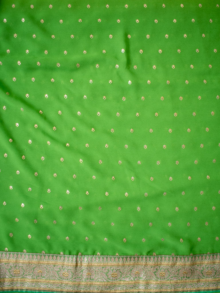 Dual Shade Semi Chiffon Gold Printed Saree With Zari Border-Green