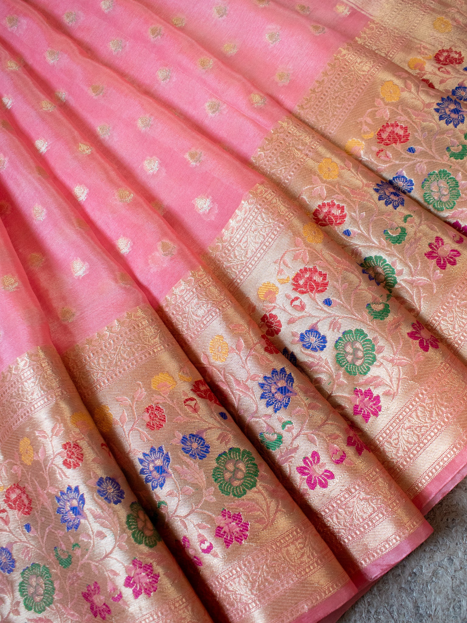 Banarasi Kora Saree With Zari Weaving & Meena Border-Pink