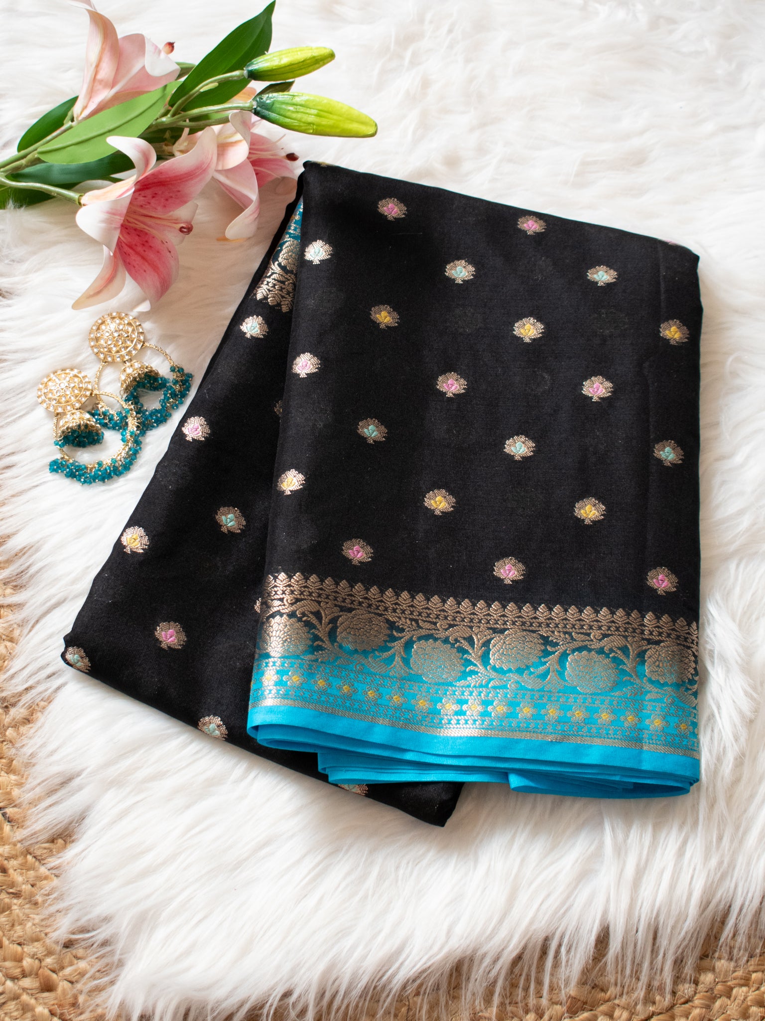 Banarasi Semi Silk Saree With Zari Buti Weaving & Contrast Border - Black