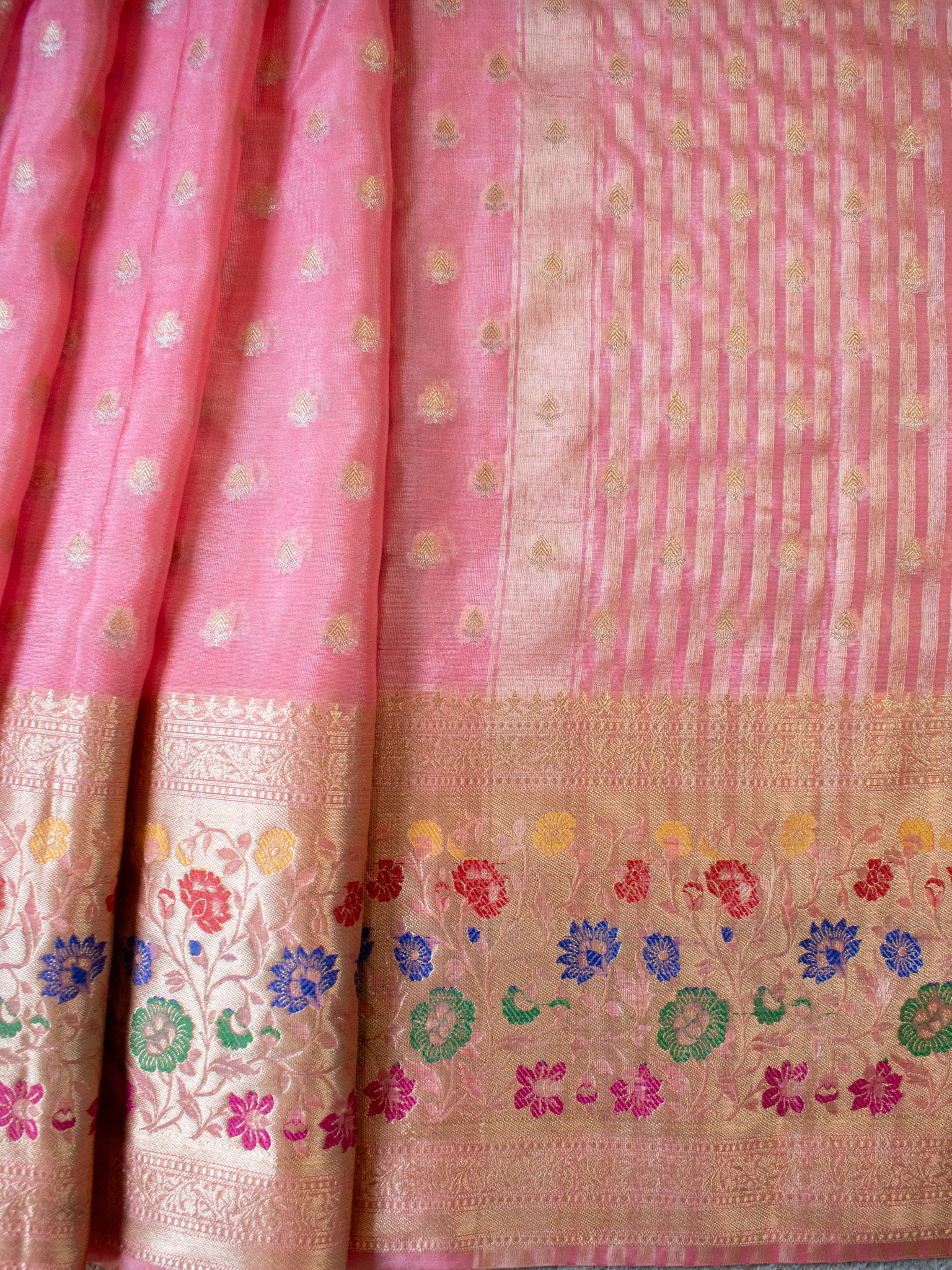 Banarasi Kora Saree With Zari Weaving & Meena Border-Pink