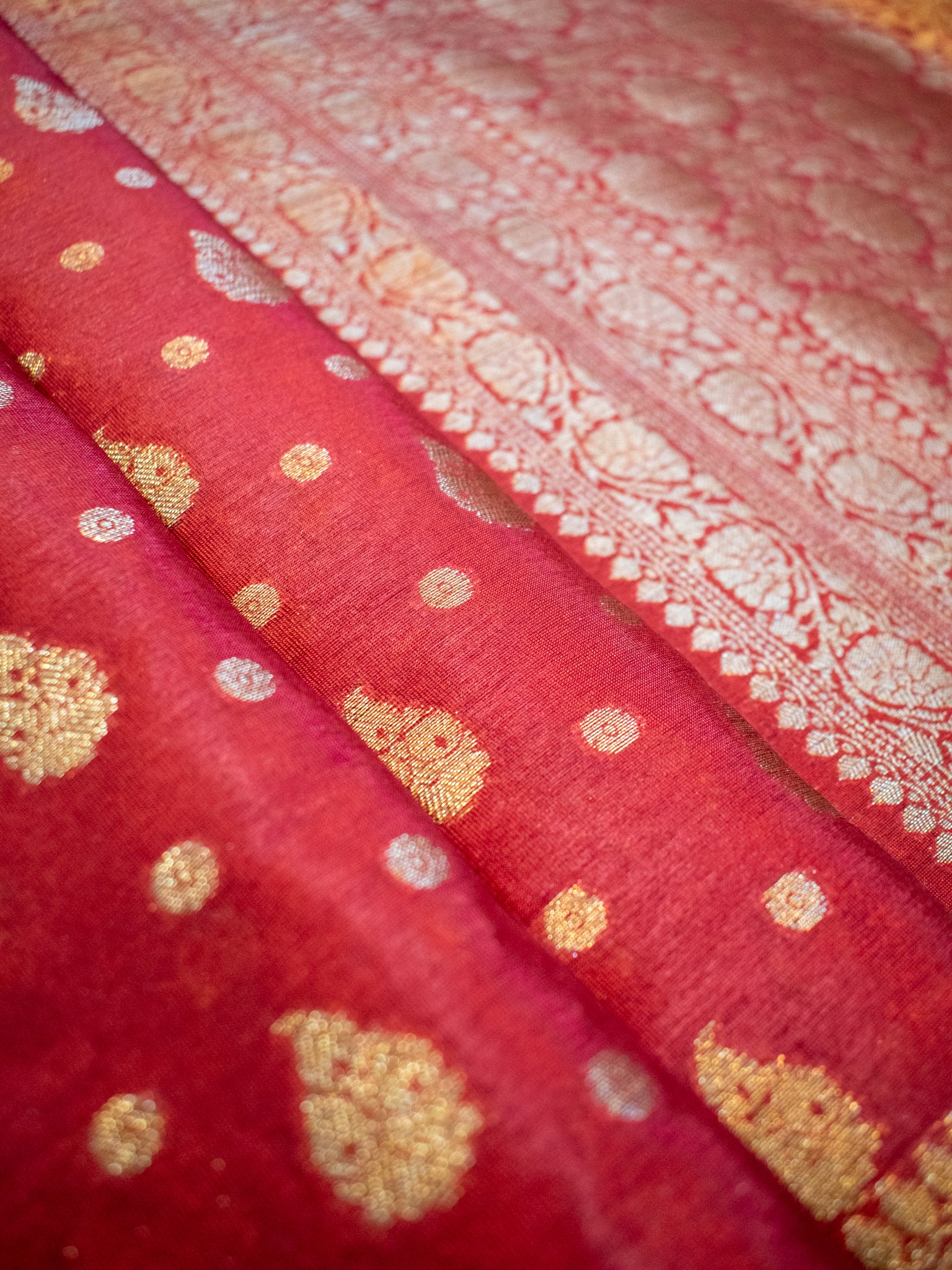 Banarasi Soft Cotton Saree With Antique Zari Weaving & Border- Red