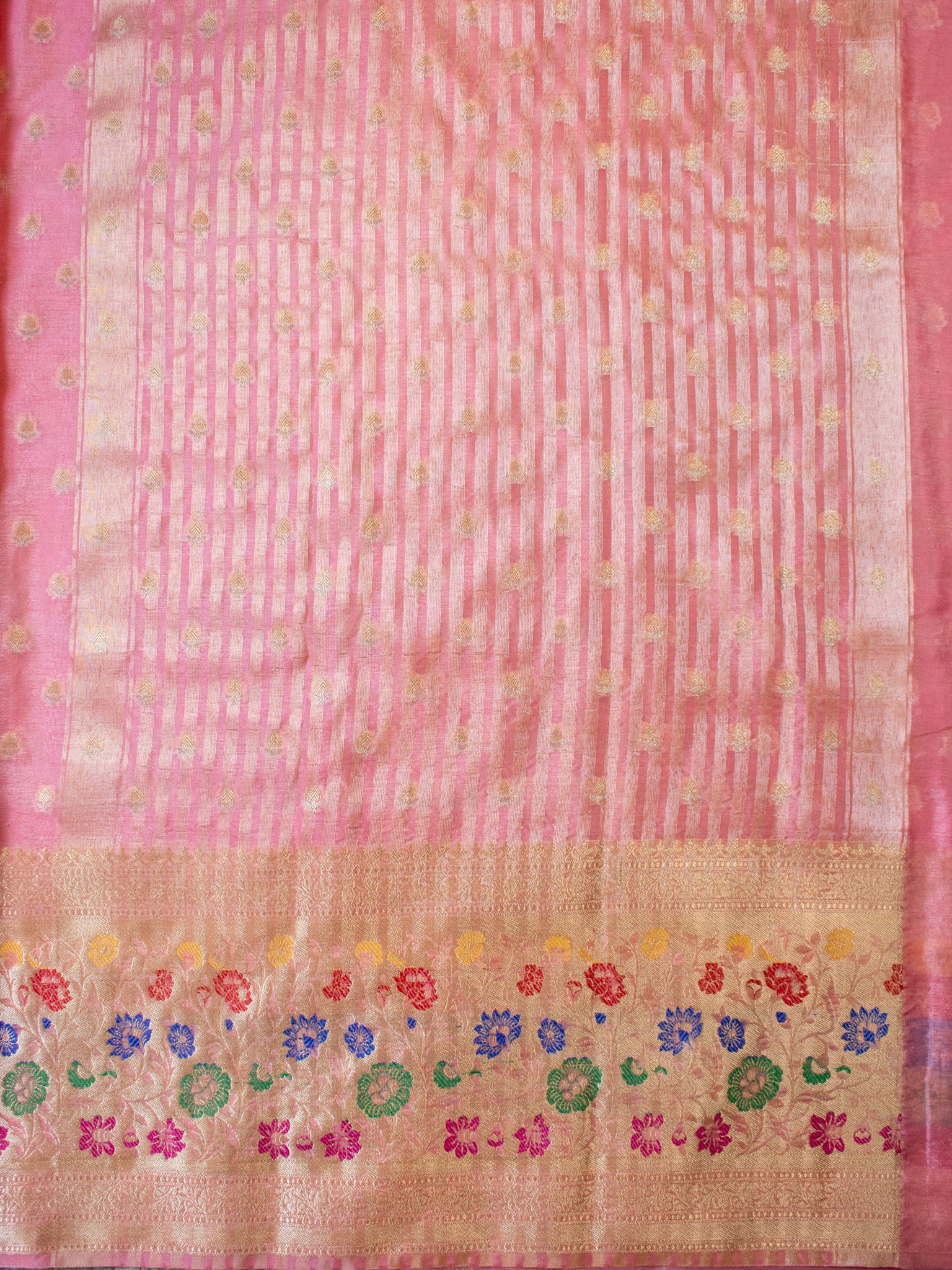 Banarasi Kora Saree With Zari Weaving & Meena Border-Pink