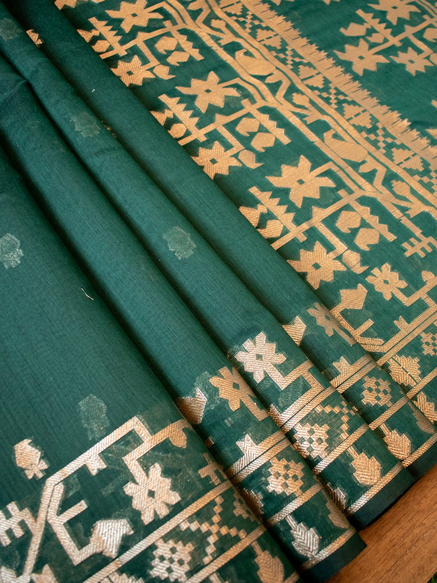 Banarasi Cotton Mix Saree with Zari Weaving & Border- Green