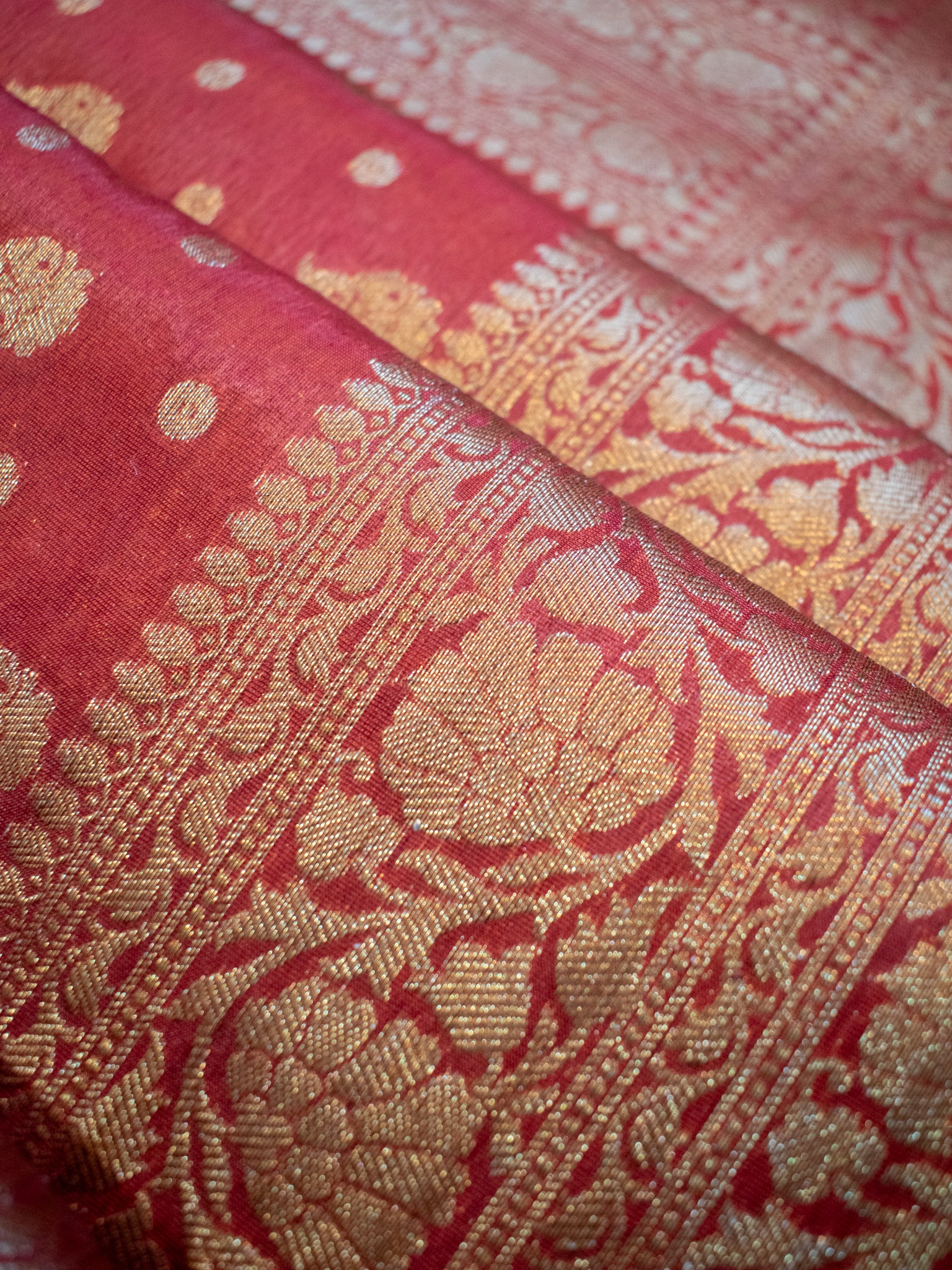Banarasi Soft Cotton Saree With Antique Zari Weaving & Border- Red