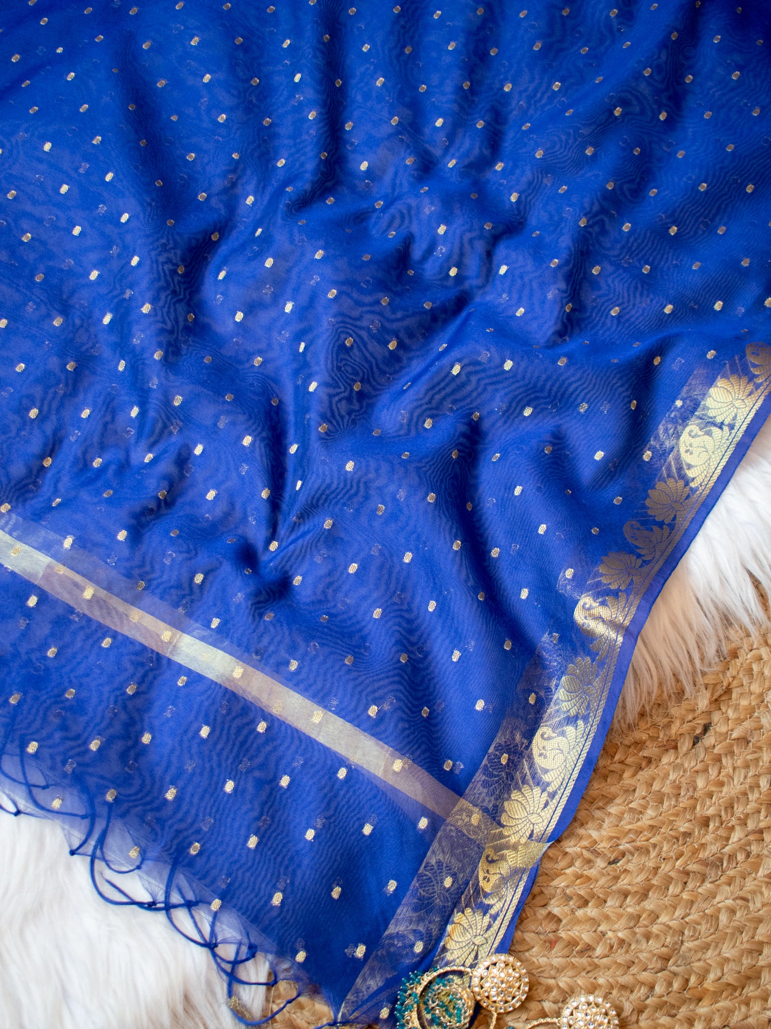 Banarasi Cotton Silk Dupatta With Buti Weaving- Blue