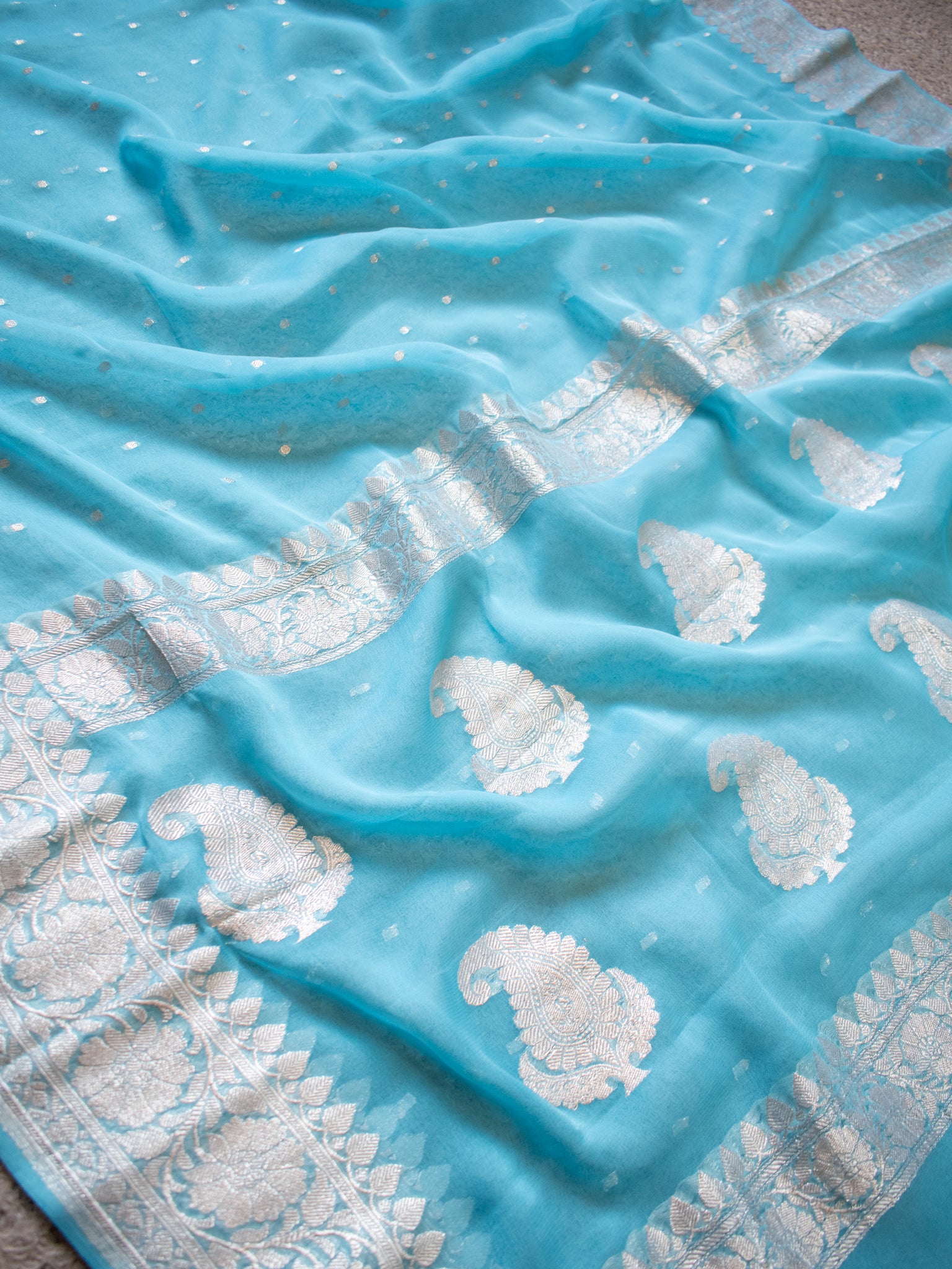 Banarasi Pure Khaddi Georgette Saree With Buti Weaving- Blue