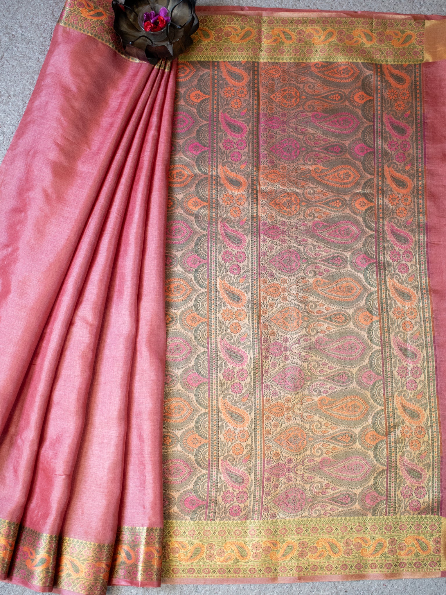 Banarasi Pure Tussar Saree With Resham Weaving Border- Pink