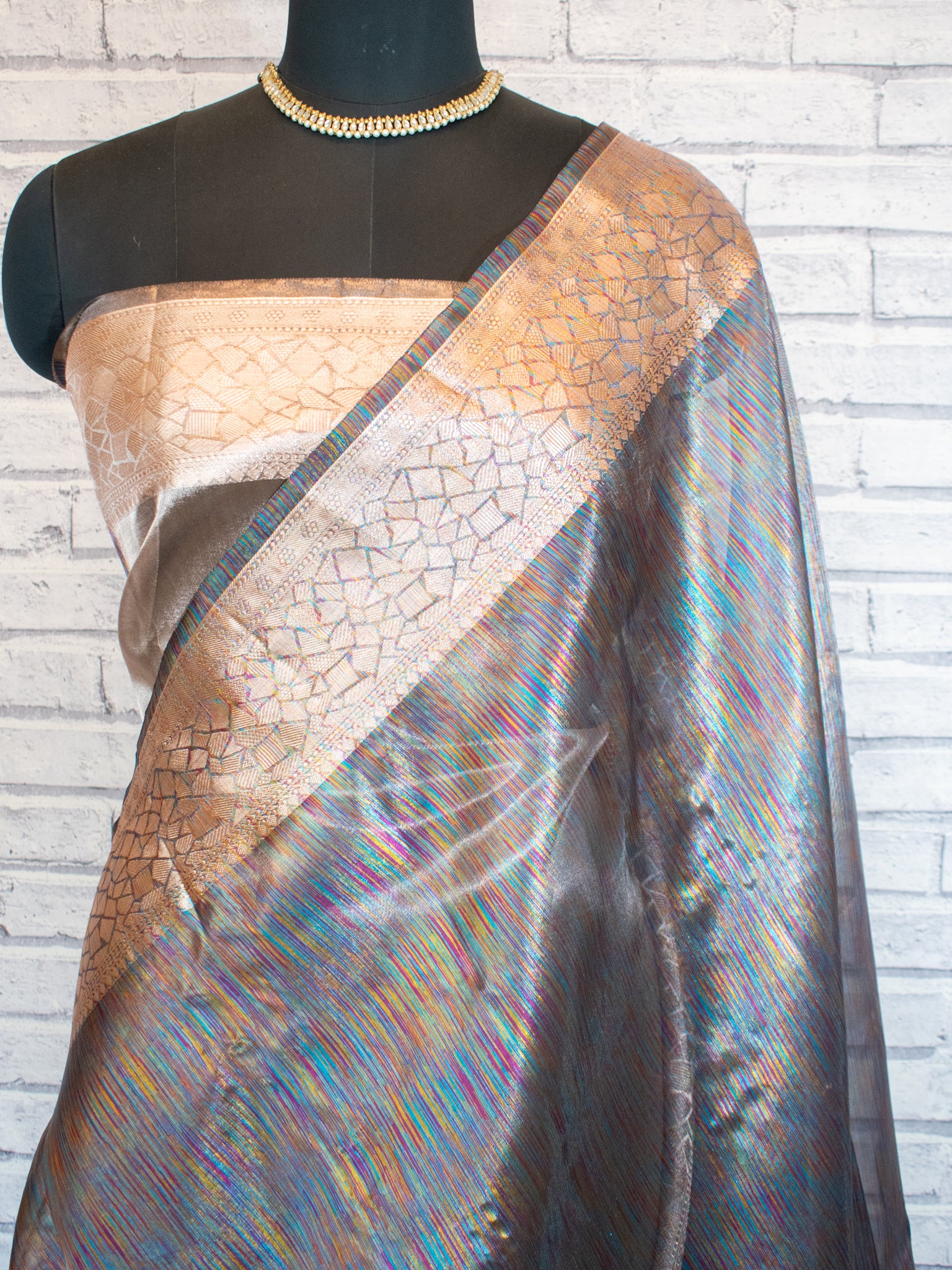 Banarasi Tissue Saree With Zari Border- Rainbow