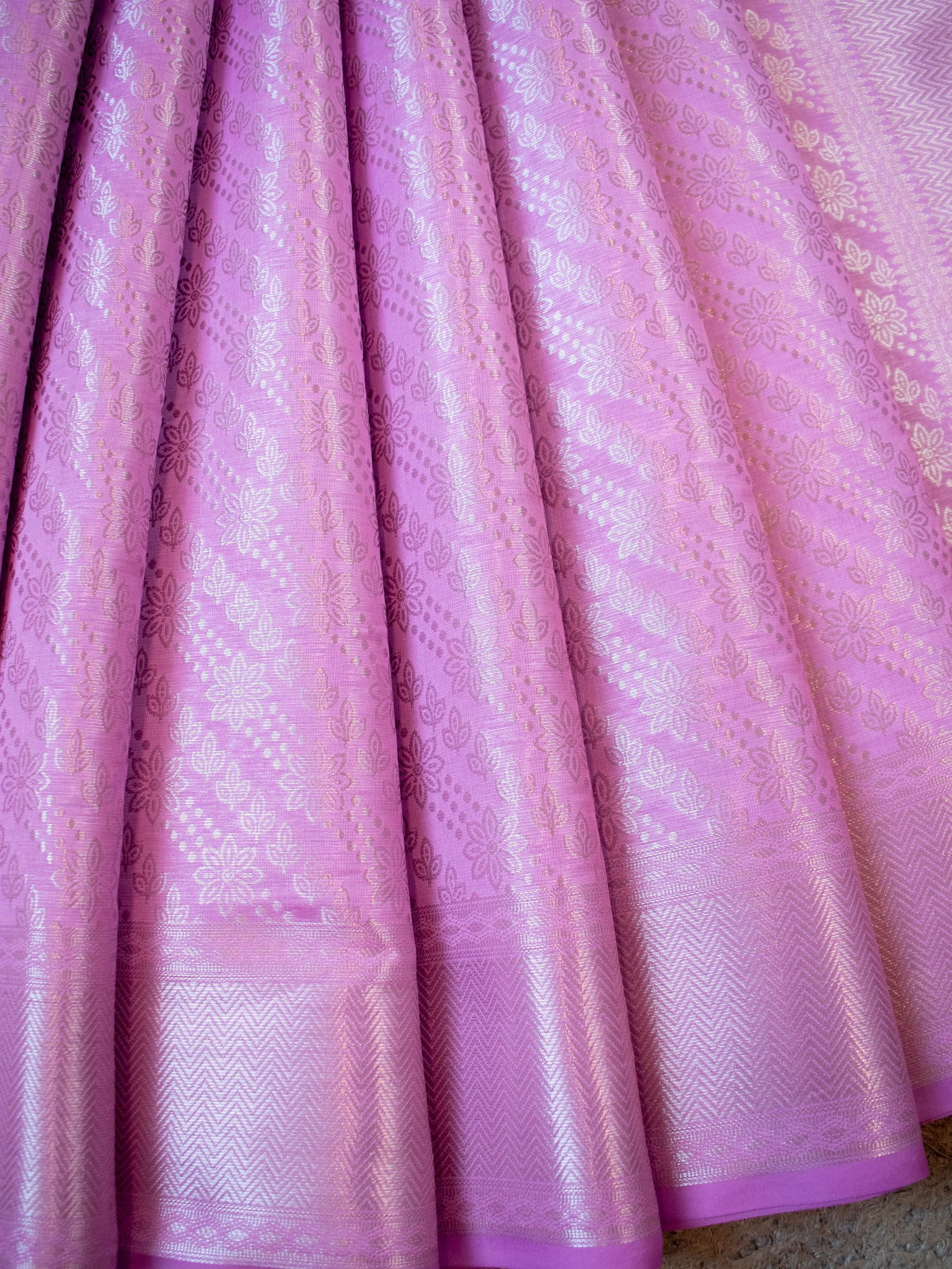 Banarasi Tissue Saree With Silver Weaving & Border- Pink