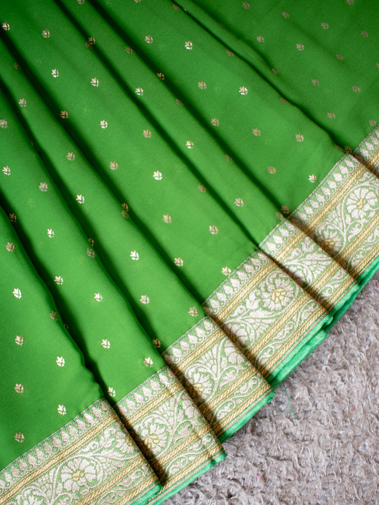 Dual Shade Semi Chiffon Gold Printed Saree With Zari Border-Green