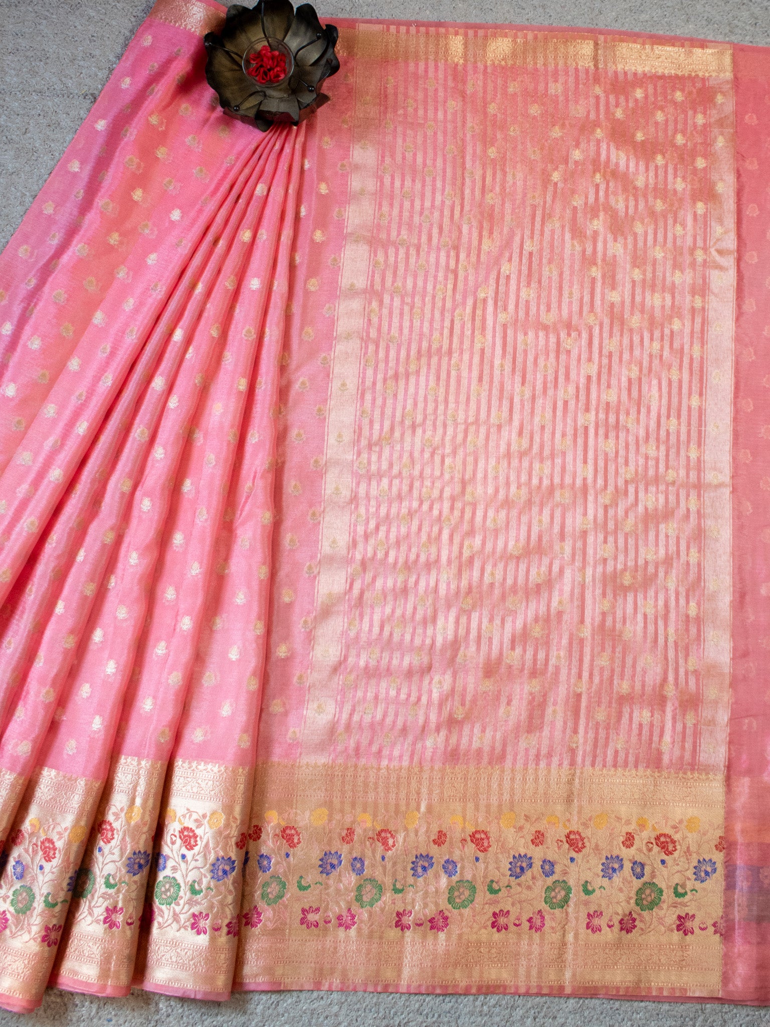 Banarasi Kora Saree With Zari Weaving & Meena Border-Pink