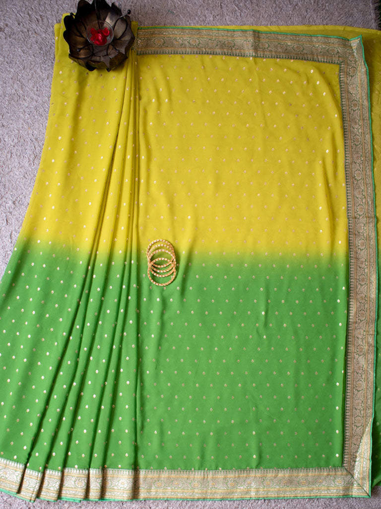 Dual Shade Semi Chiffon Gold Printed Saree With Zari Border-Green