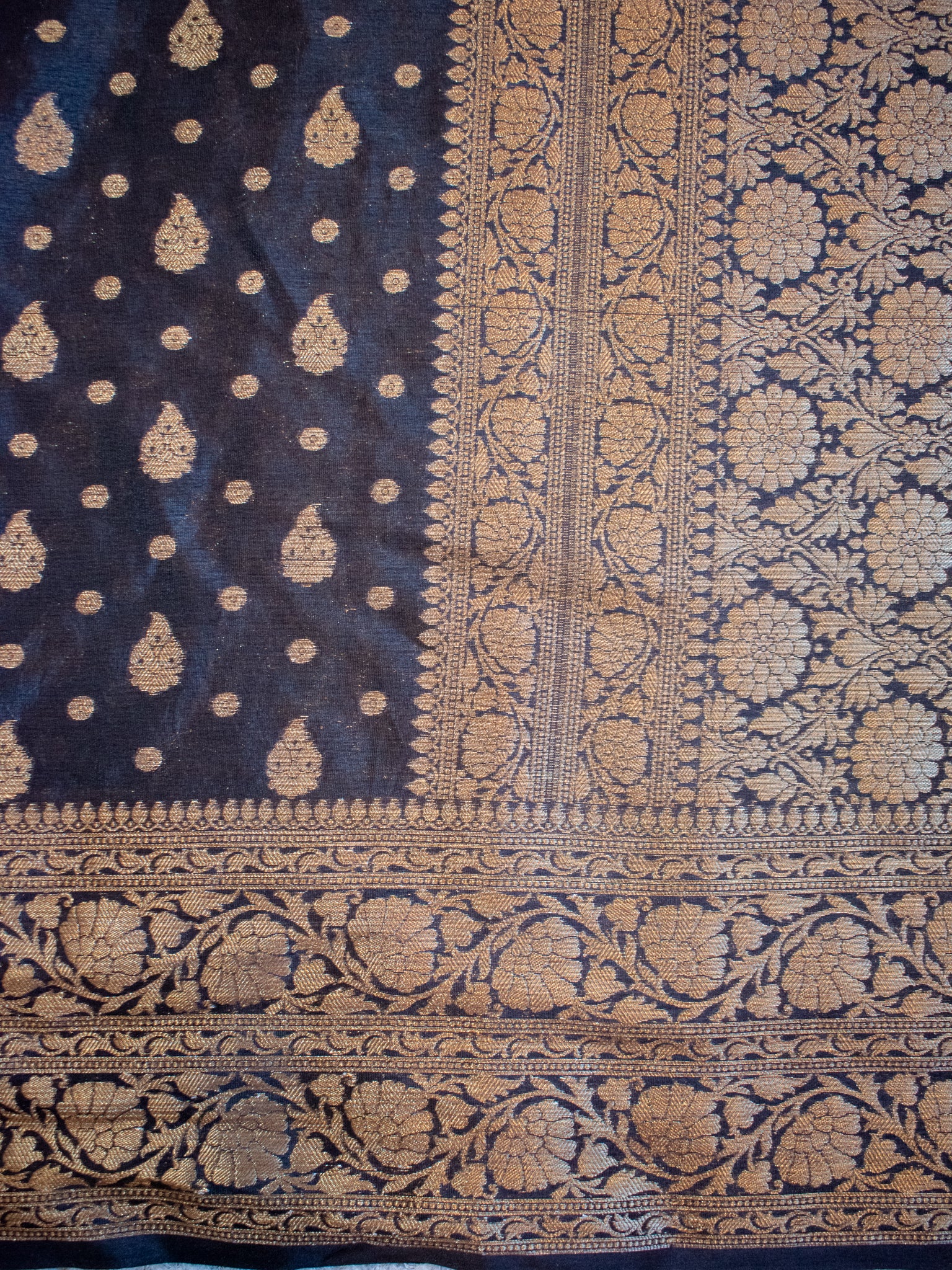 Banarasi Soft Cotton Saree With Antique Zari Weaving & Border- Black