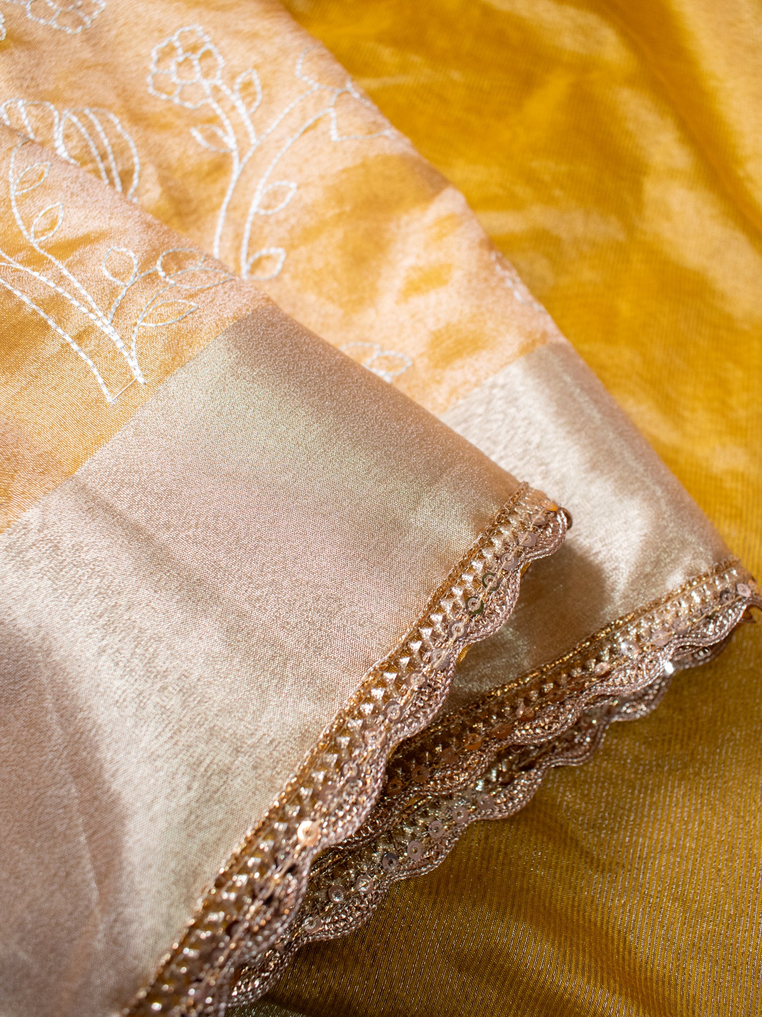 Yellow Embroidered Banarasi Tissue Saree with Weaving & Lace Border