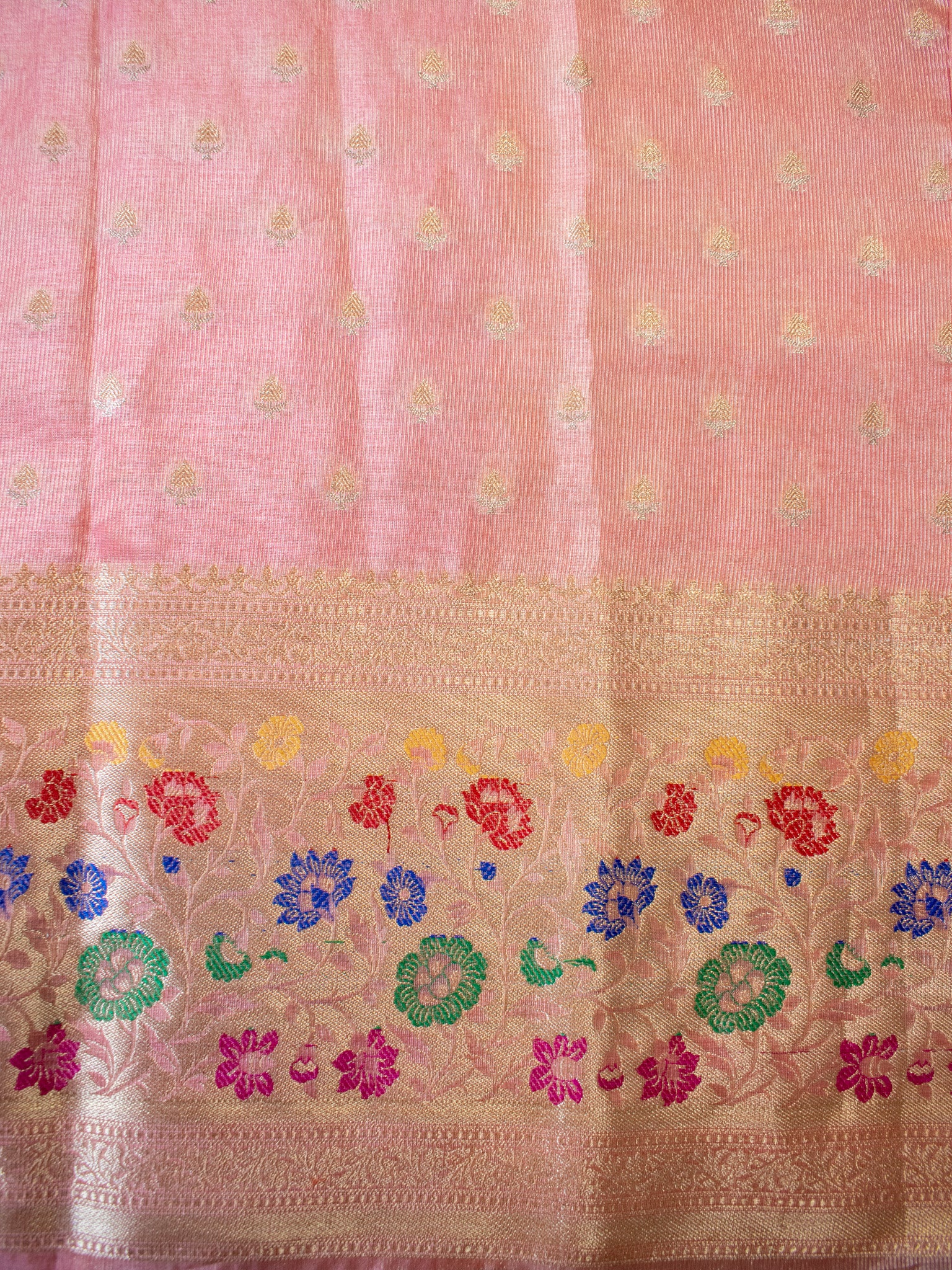 Banarasi Kora Saree With Zari Weaving & Meena Border-Pink
