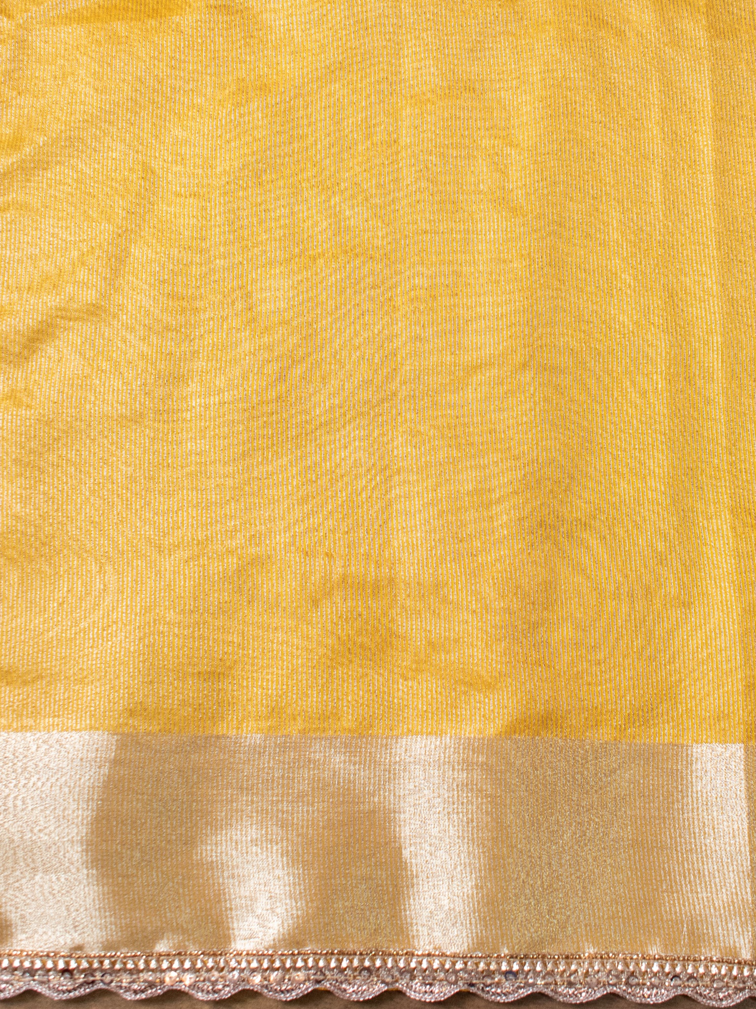 Yellow Embroidered Banarasi Tissue Saree with Weaving & Lace Border