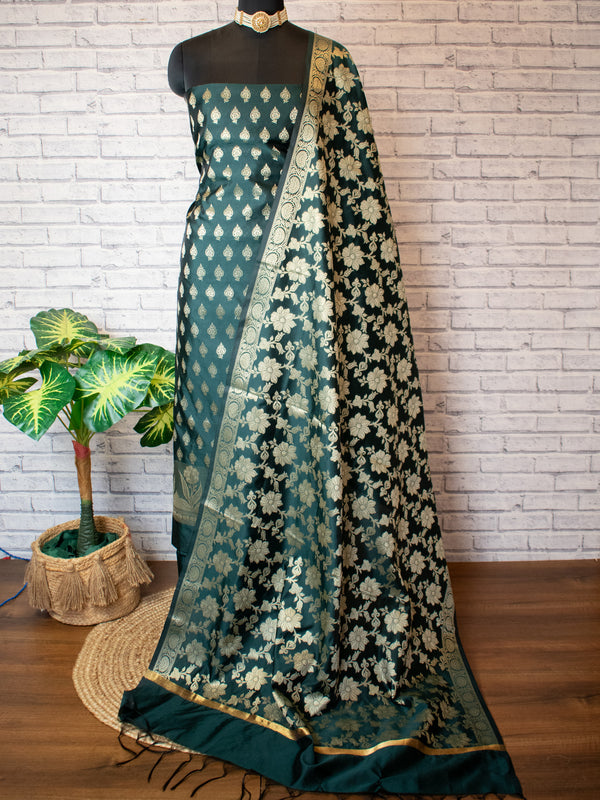 Banarasi Cotton Silk Salwar Kameez With Jaal Dupatta-Green