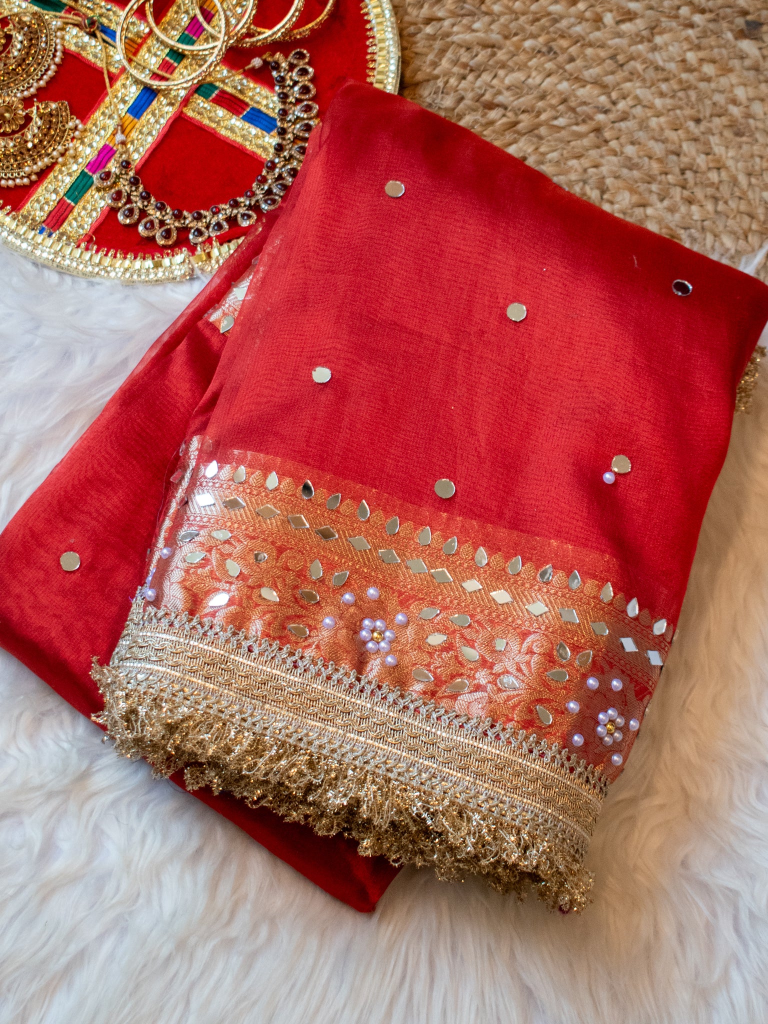 Banarasi Mirror Work Tissue Saree with Lace Border - Red
