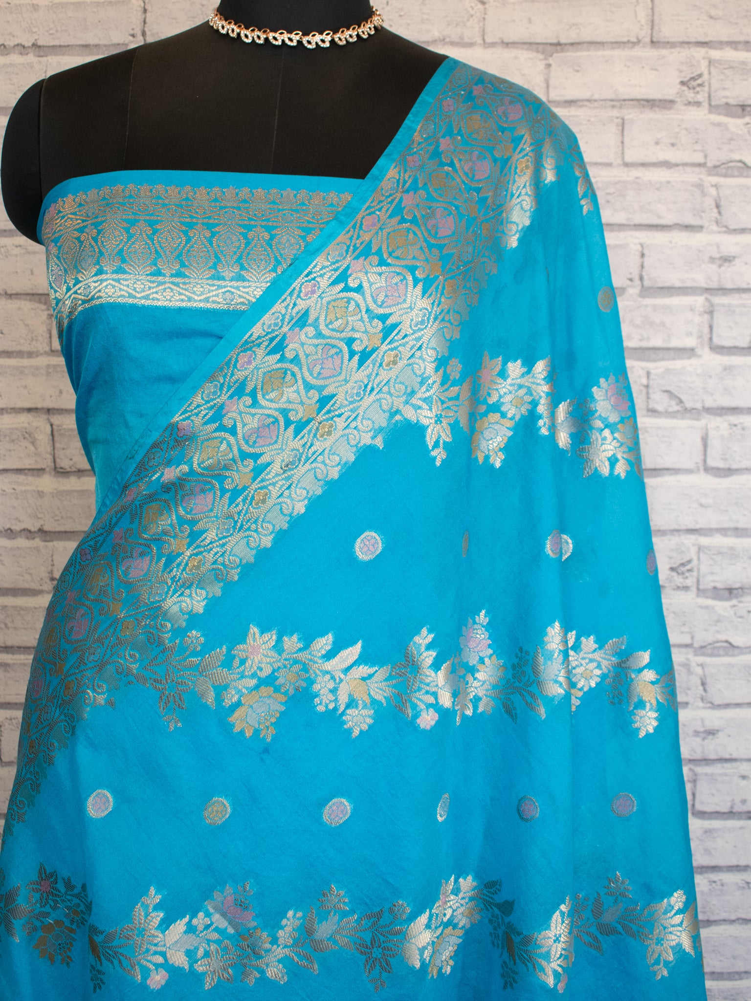 Banarasi Soft Cotton Saree with Floral Weaving & Border- Sky Blue