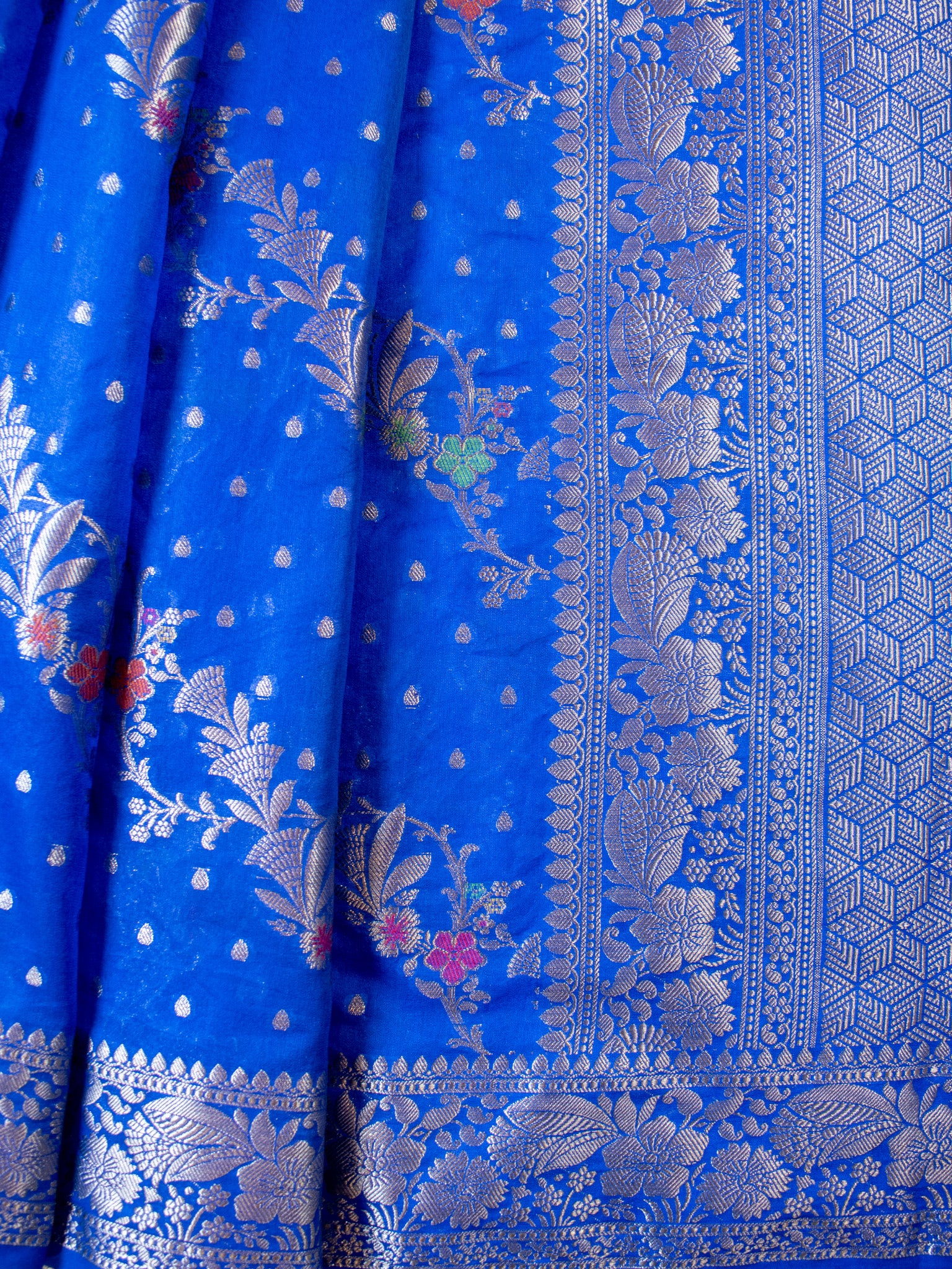 Banarasi Cotton Silk Saree Silver Zari Weaving With Border- Blue